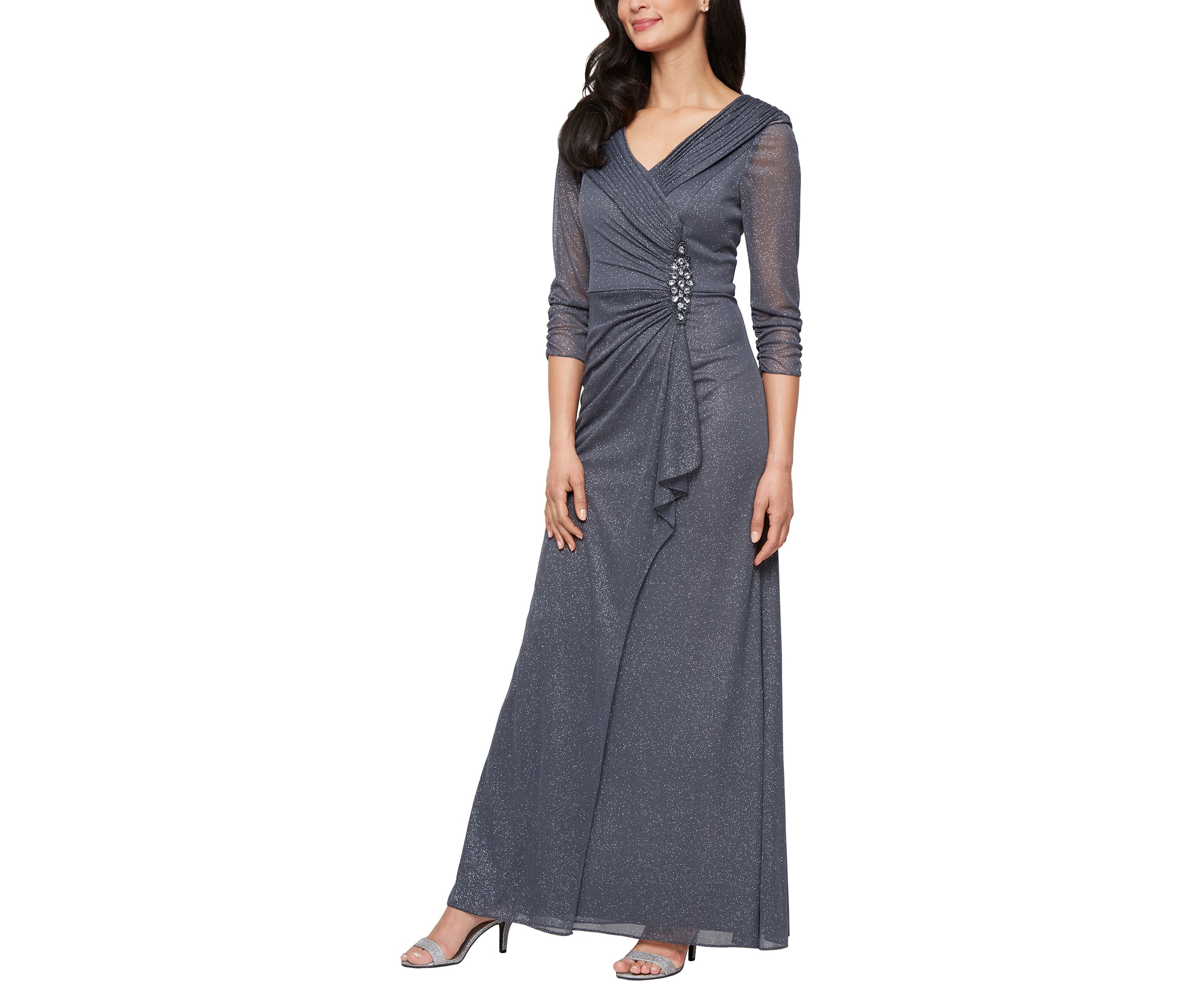 Long Portrait Collar Glitter Mesh Dress