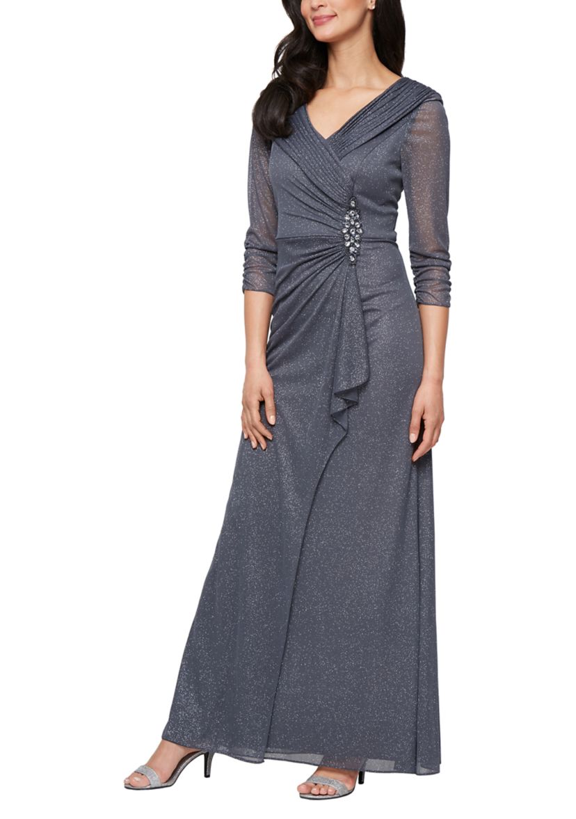 Long Portrait Collar Glitter Mesh Dress