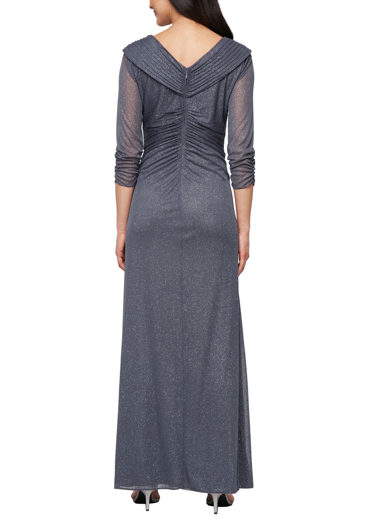 Long Portrait Collar Glitter Mesh Dress