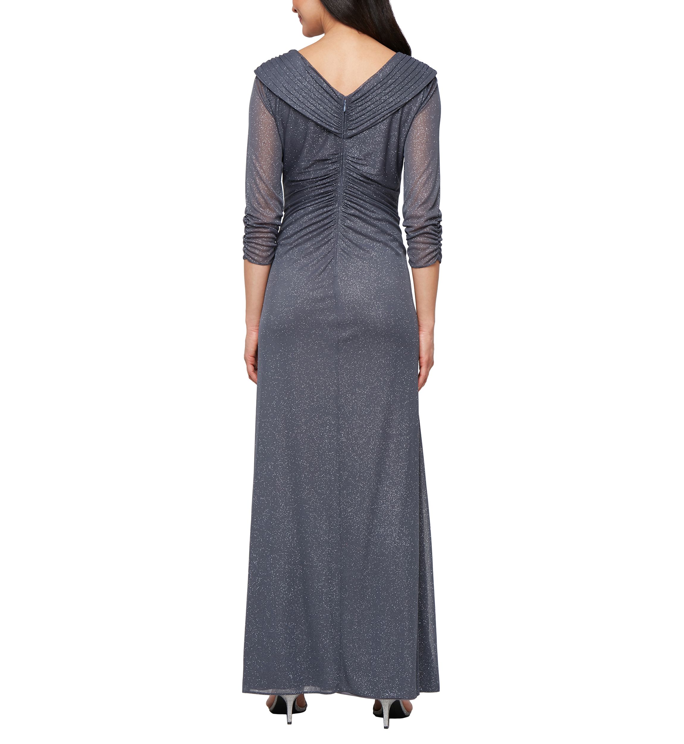 Long Portrait Collar Glitter Mesh Dress