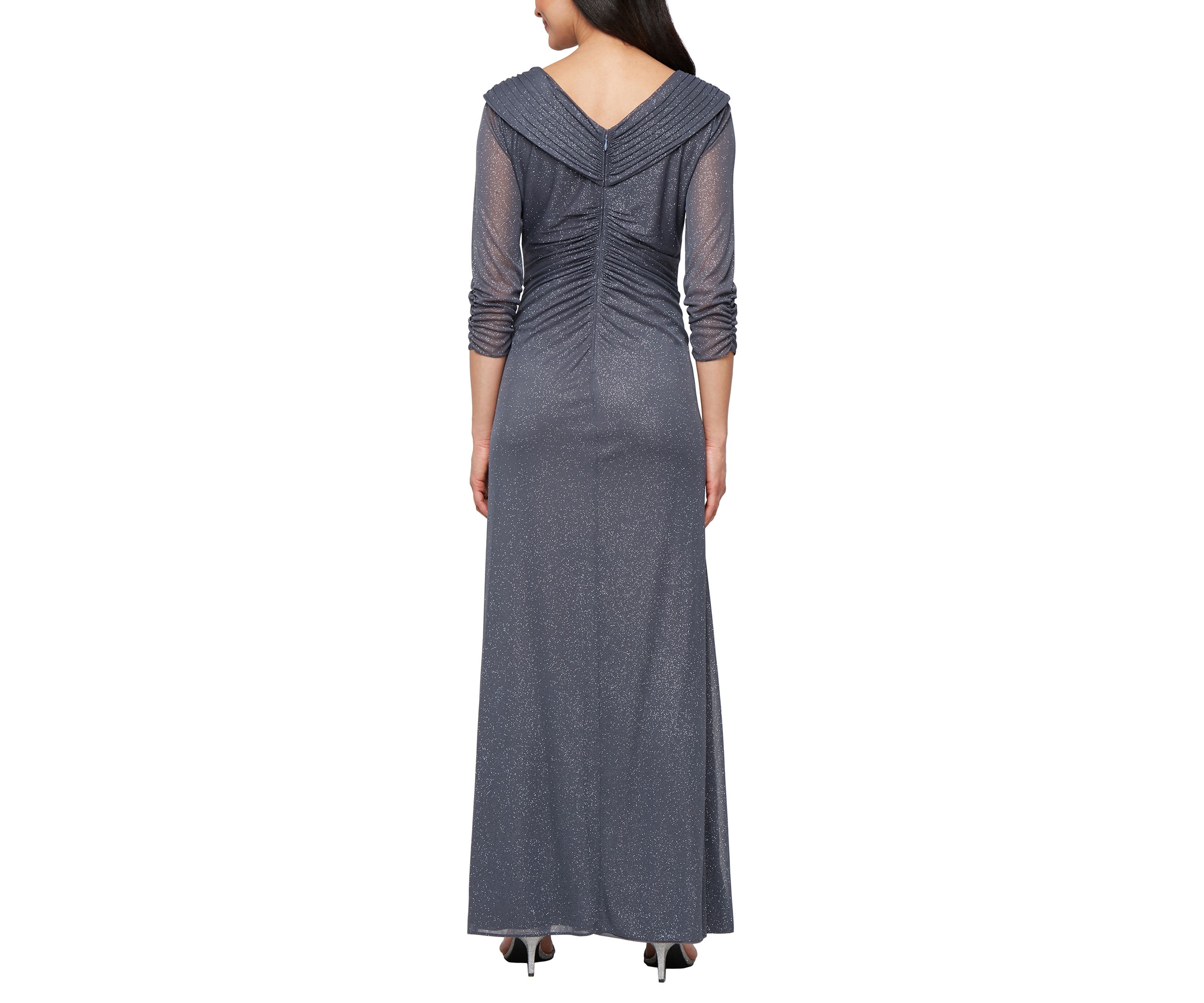Long Portrait Collar Glitter Mesh Dress