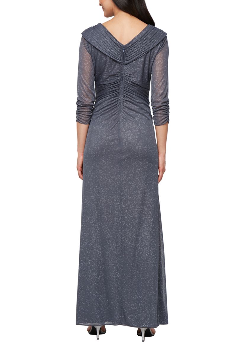 Long Portrait Collar Glitter Mesh Dress