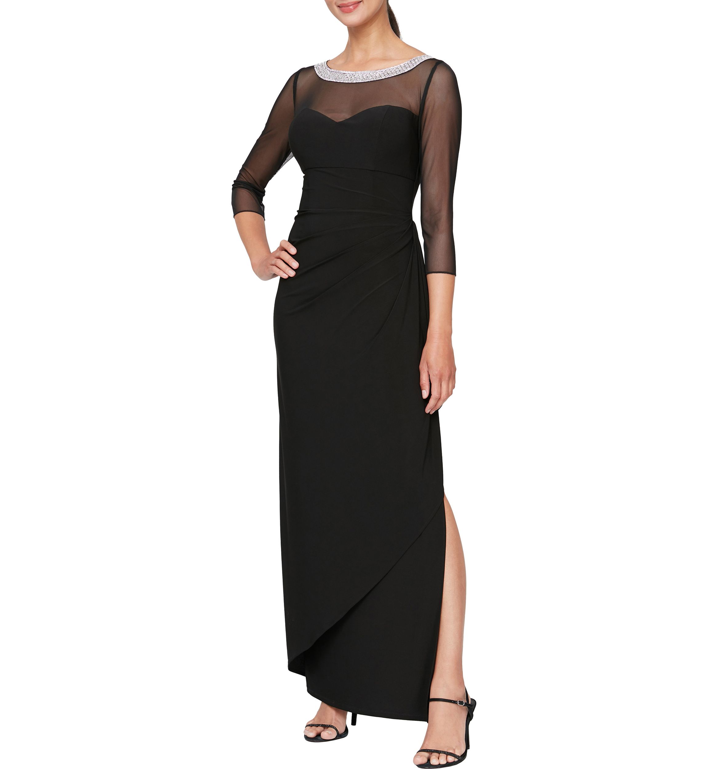 Womens 3/4 Sleeve Illusion Mesh Ruched Side Dress 