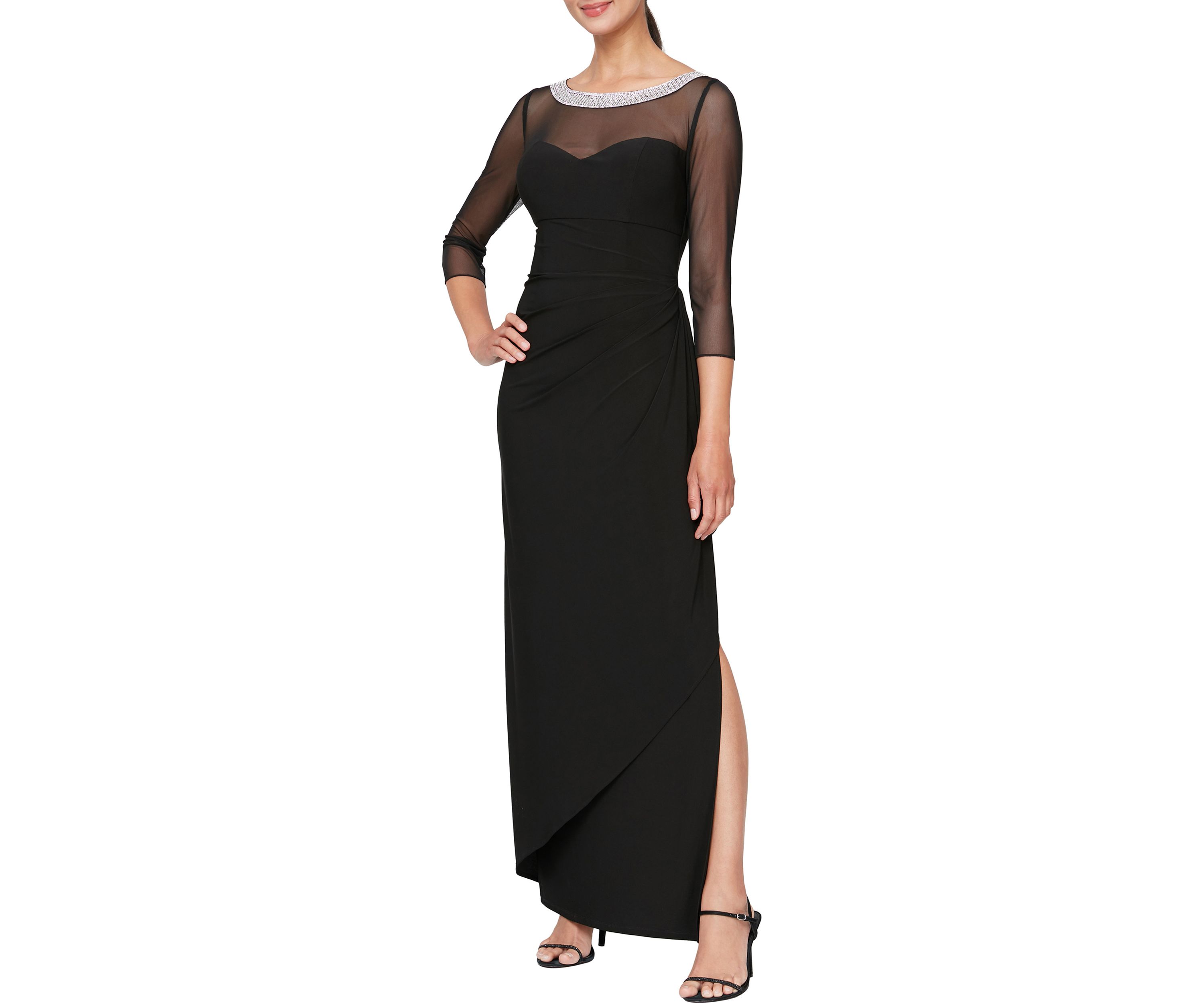Womens 3/4 Sleeve Illusion Mesh Ruched Side Dress 