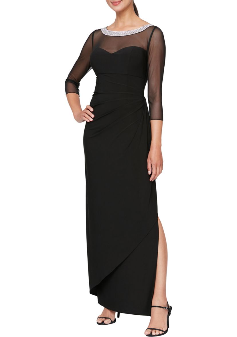 Womens 3/4 Sleeve Illusion Mesh Ruched Side Dress 