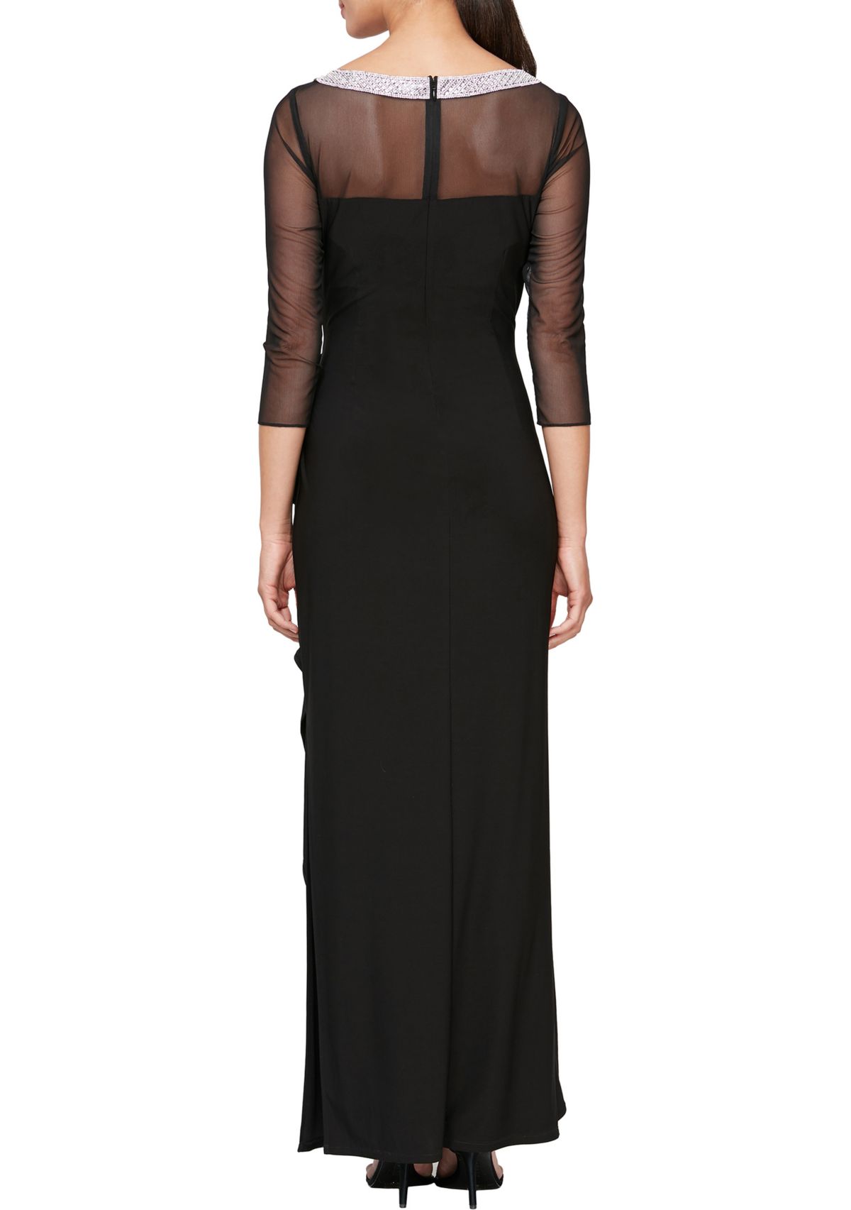 Womens 3/4 Sleeve Illusion Mesh Ruched Side Dress 