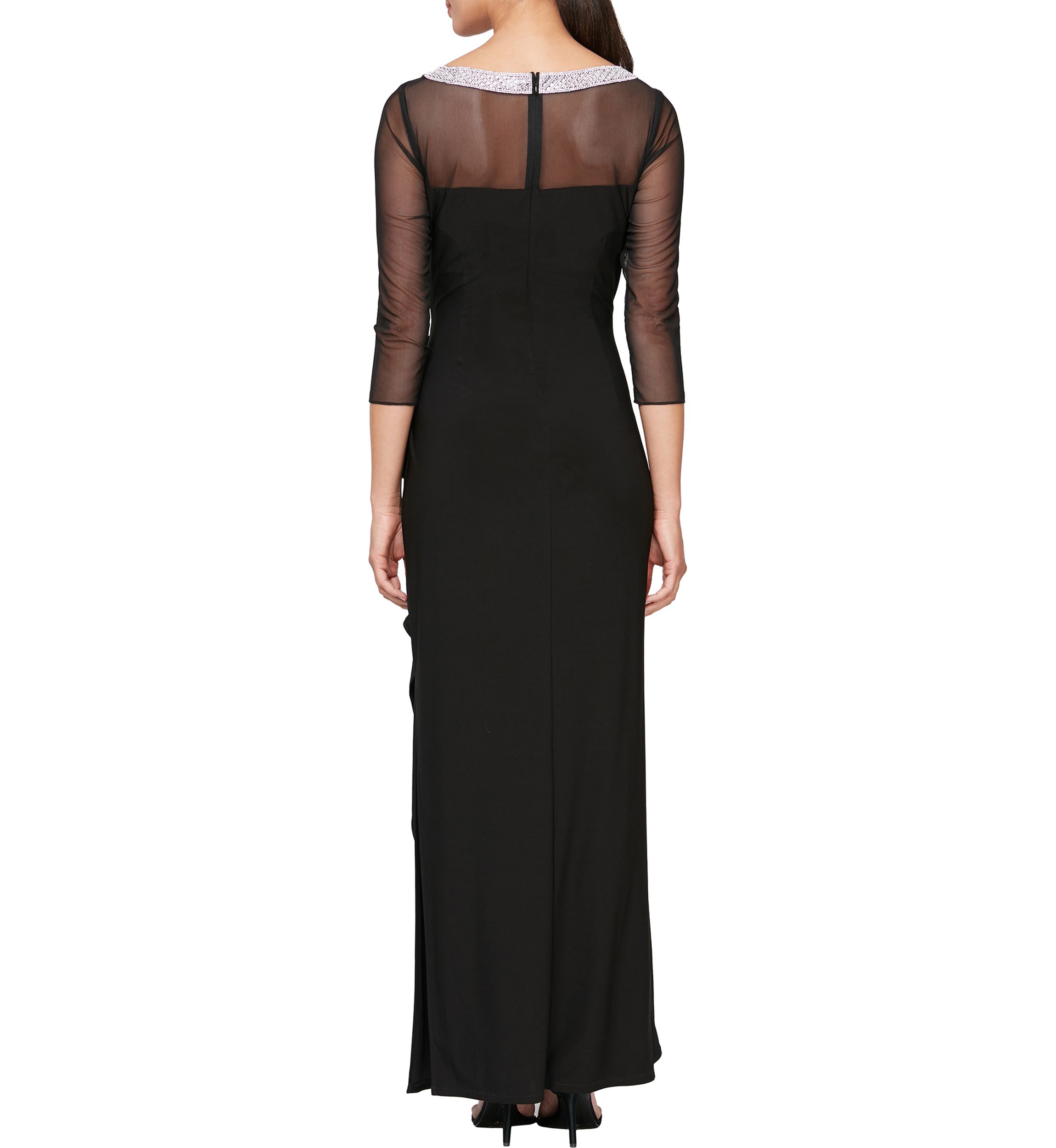 Womens 3/4 Sleeve Illusion Mesh Ruched Side Dress 