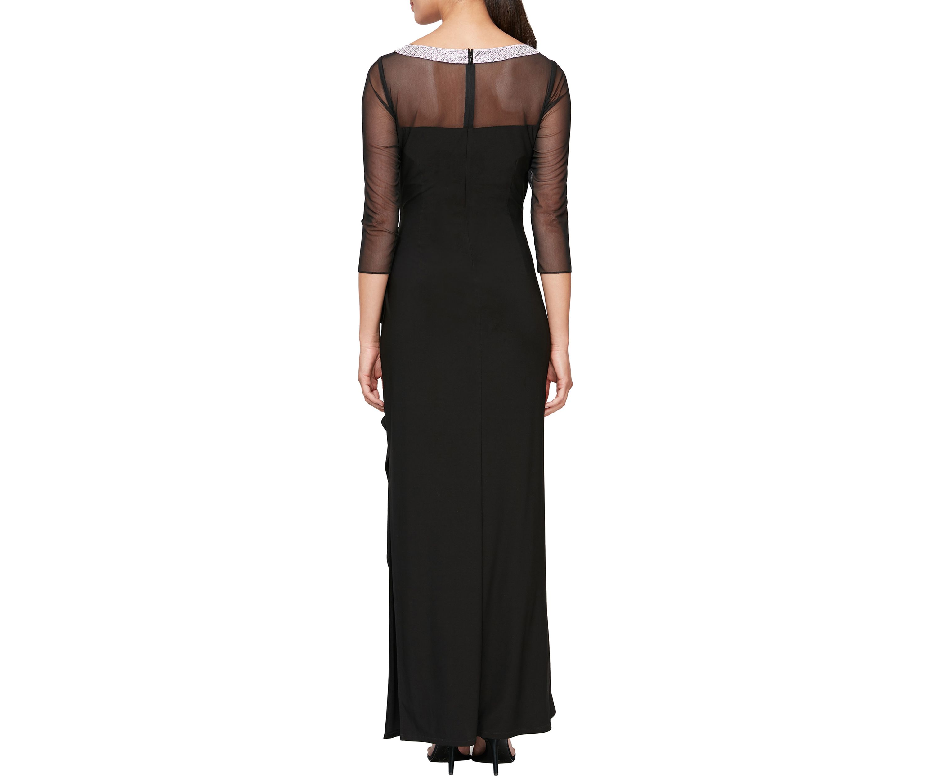 Womens 3/4 Sleeve Illusion Mesh Ruched Side Dress 