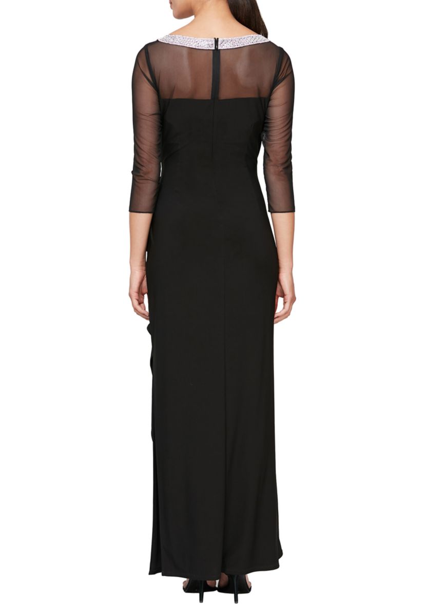 Womens 3/4 Sleeve Illusion Mesh Ruched Side Dress 