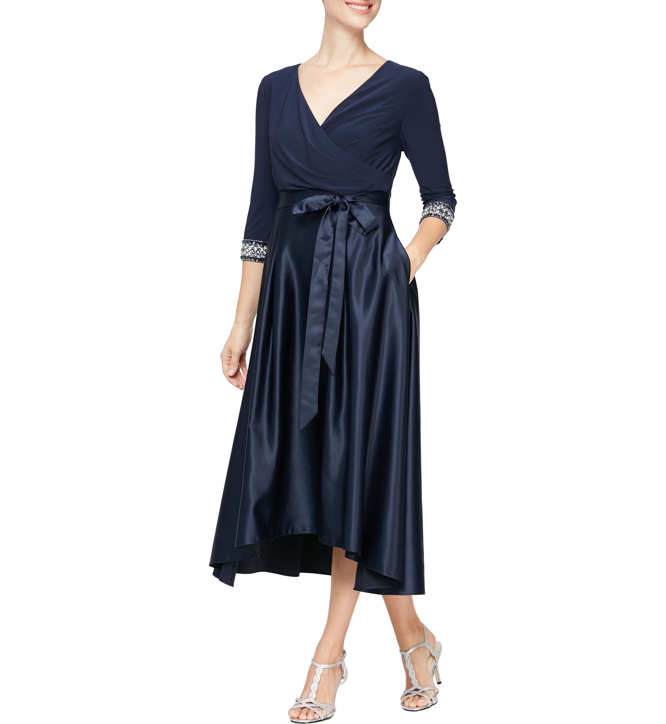 Womens Surplice Tea Length Dress