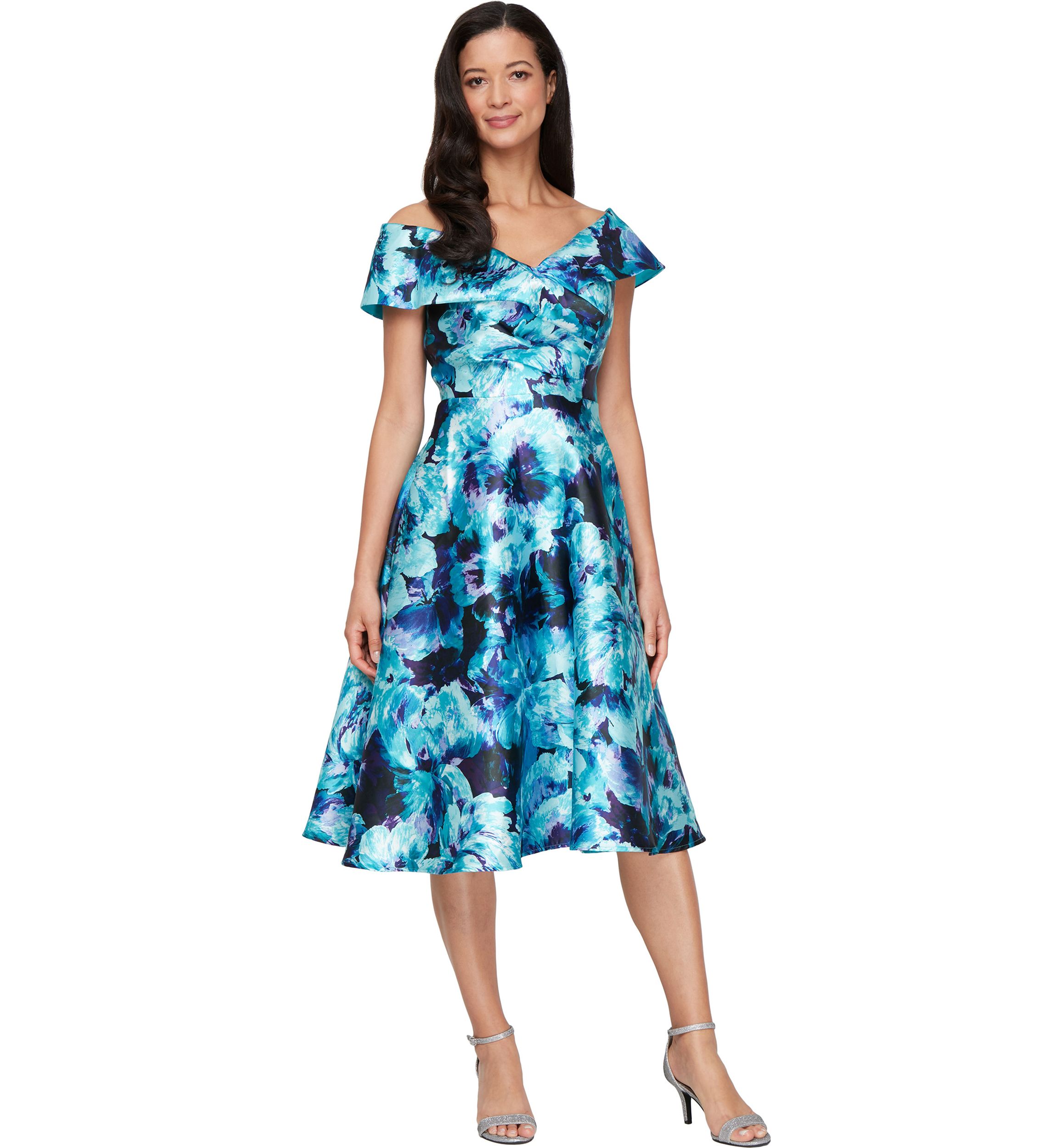 Womens Midi Printed Mikado A-Line Dress