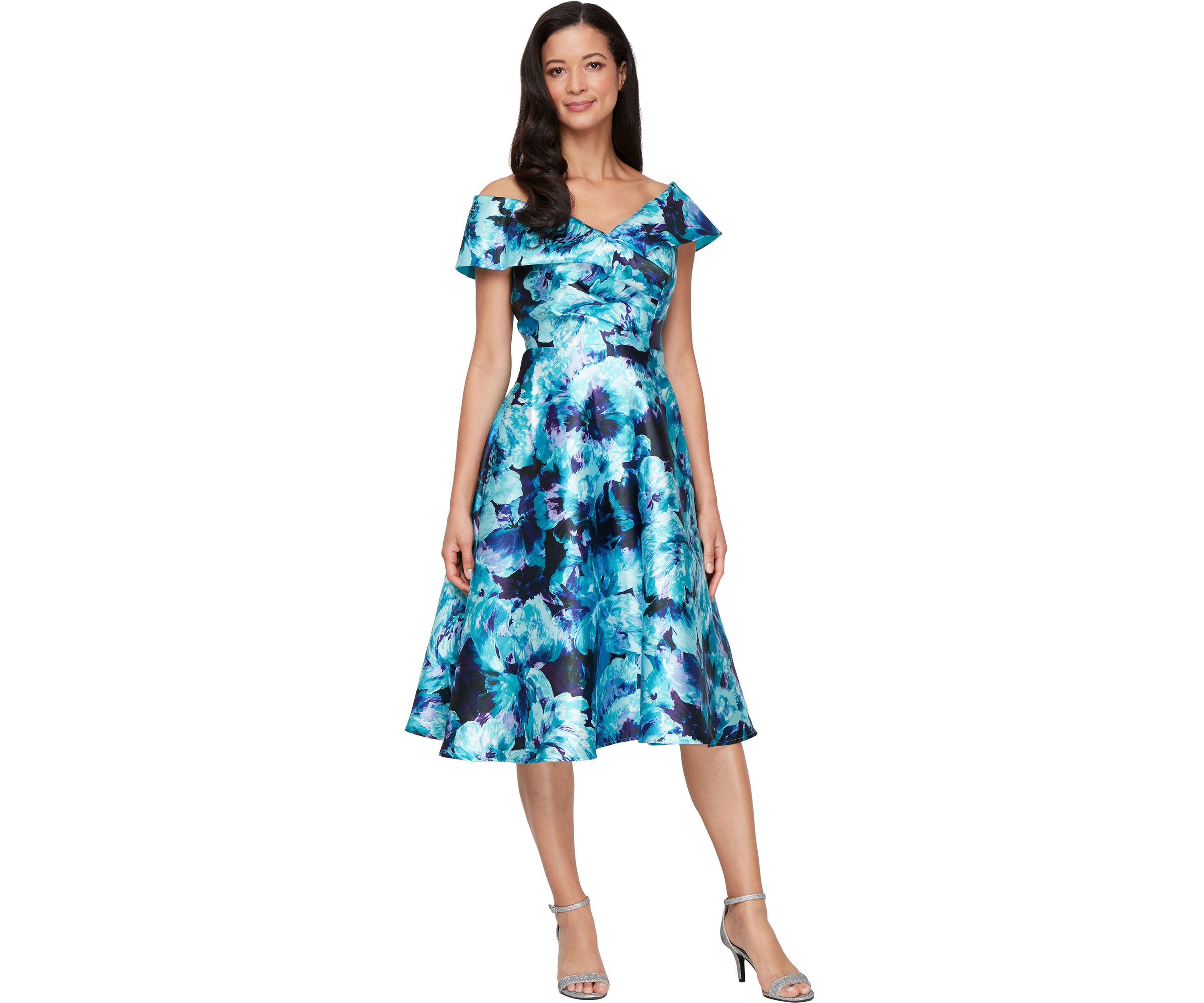 Womens Midi Printed Mikado A-Line Dress