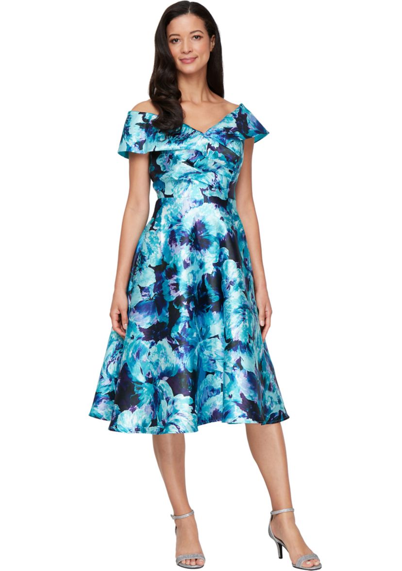 Womens Midi Printed Mikado A-Line Dress