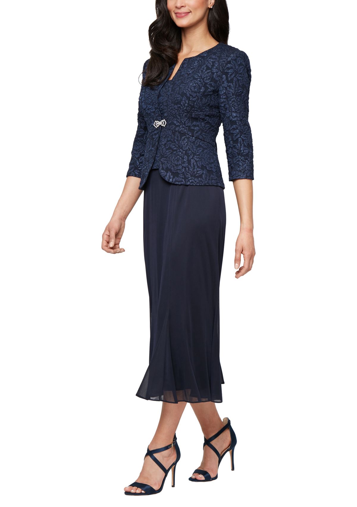 Womens Tea Length Textured Jacquard Mock Jacket Dress