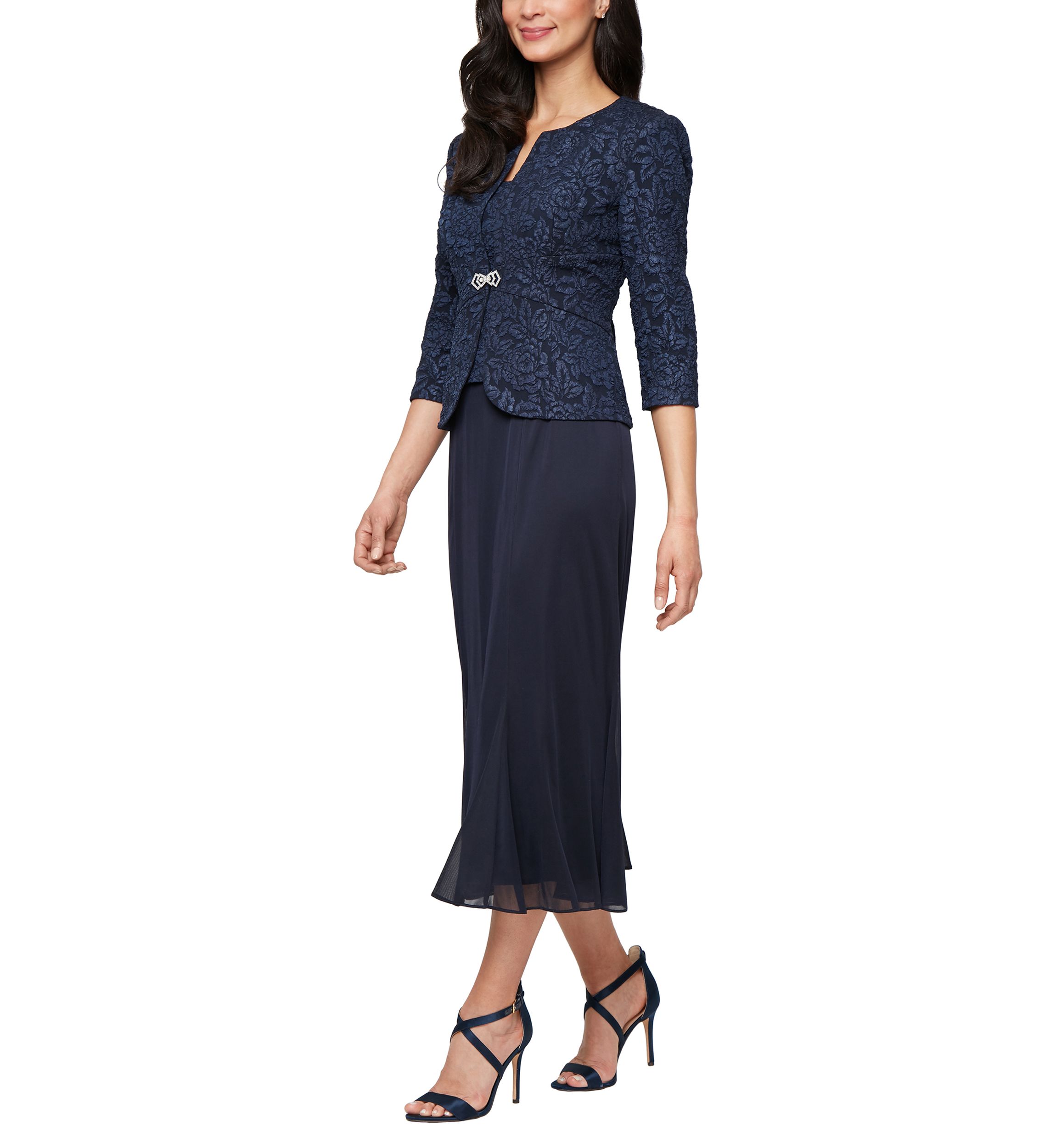 Womens Tea Length Textured Jacquard Mock Jacket Dress