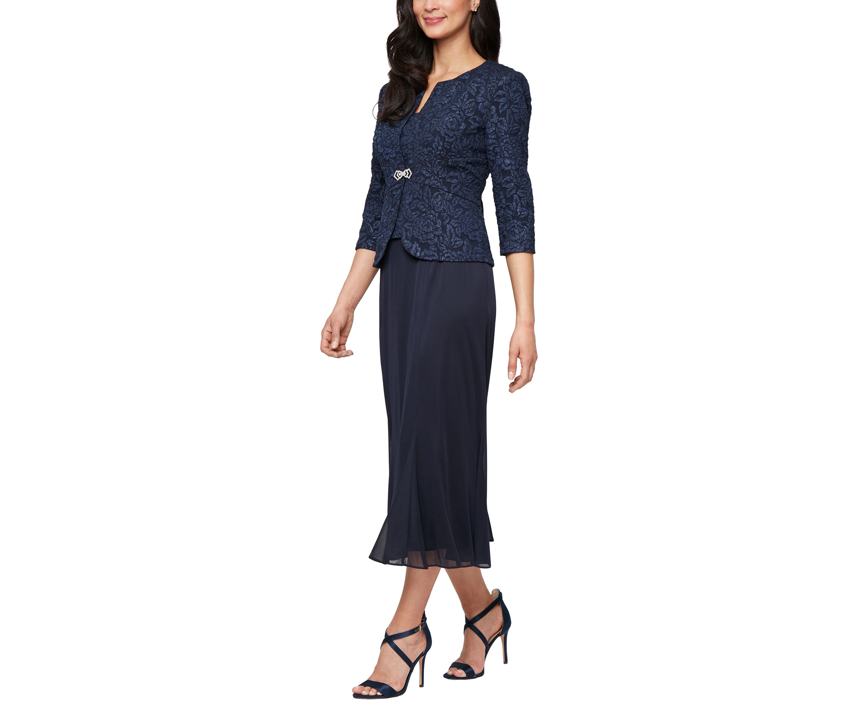 Womens Tea Length Textured Jacquard Mock Jacket Dress