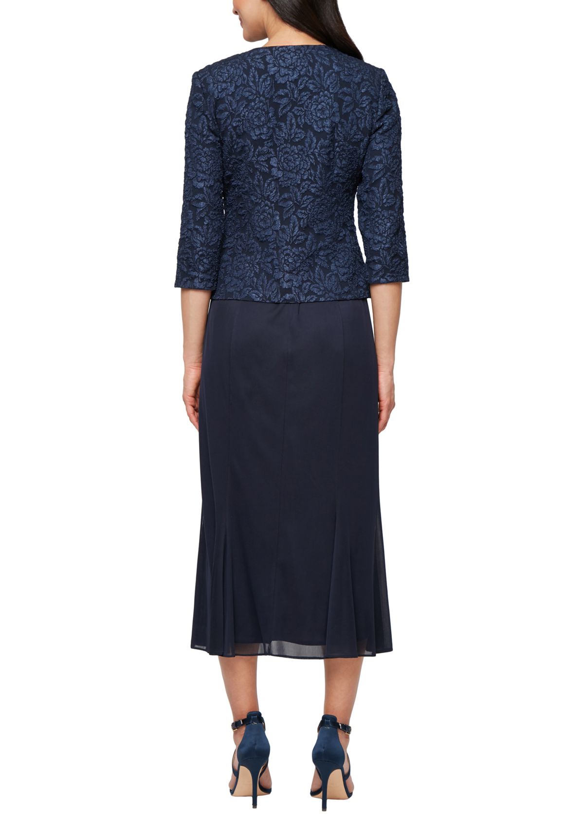 Womens Tea Length Textured Jacquard Mock Jacket Dress