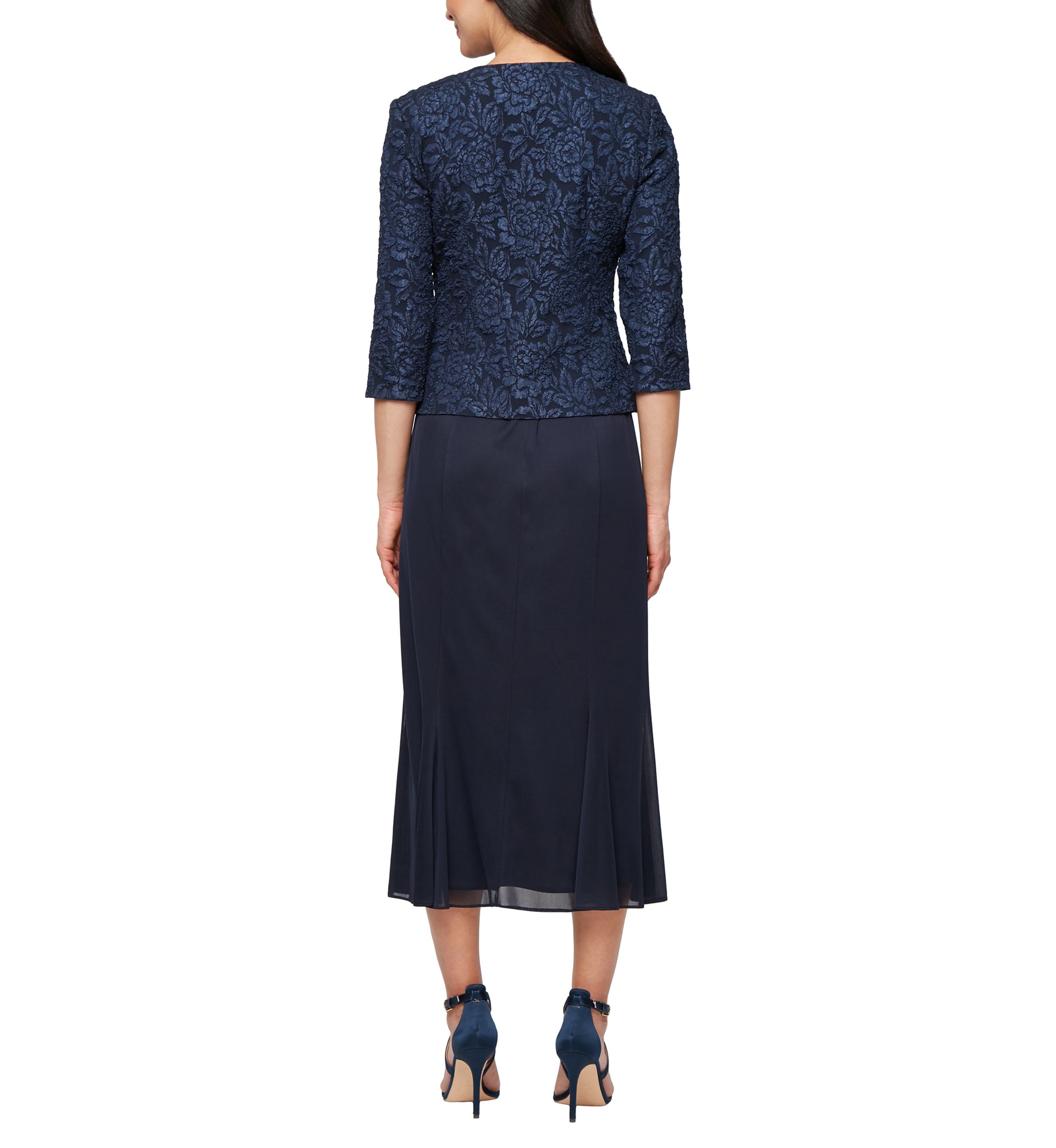 Womens Tea Length Textured Jacquard Mock Jacket Dress