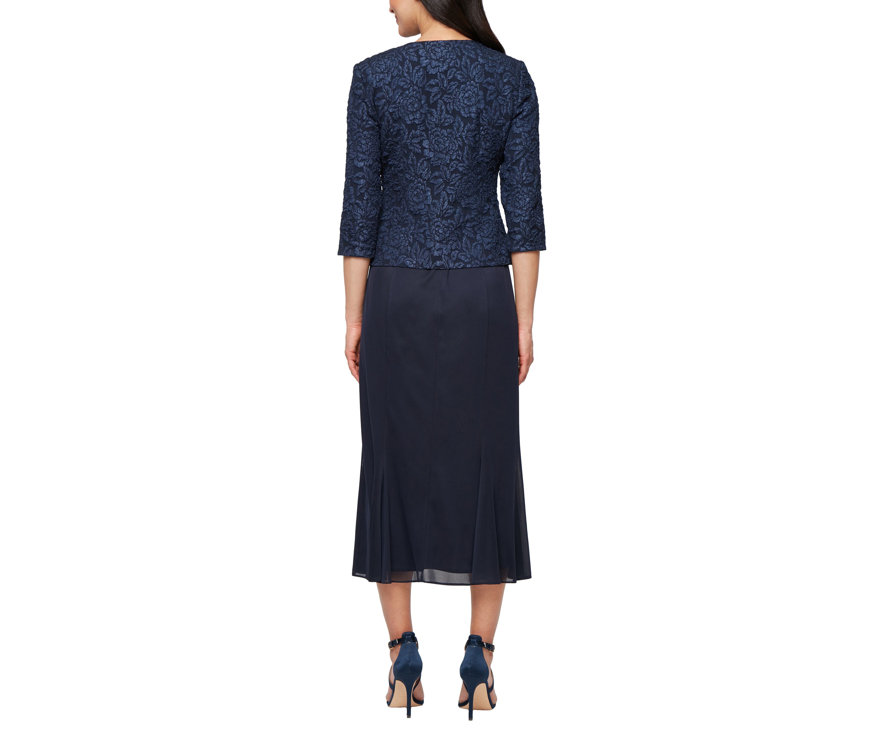 Womens Tea Length Textured Jacquard Mock Jacket Dress