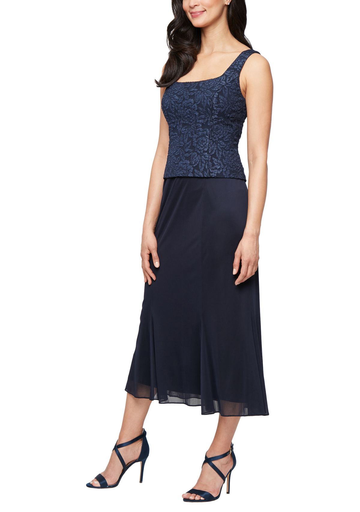 Womens Tea Length Textured Jacquard Mock Jacket Dress