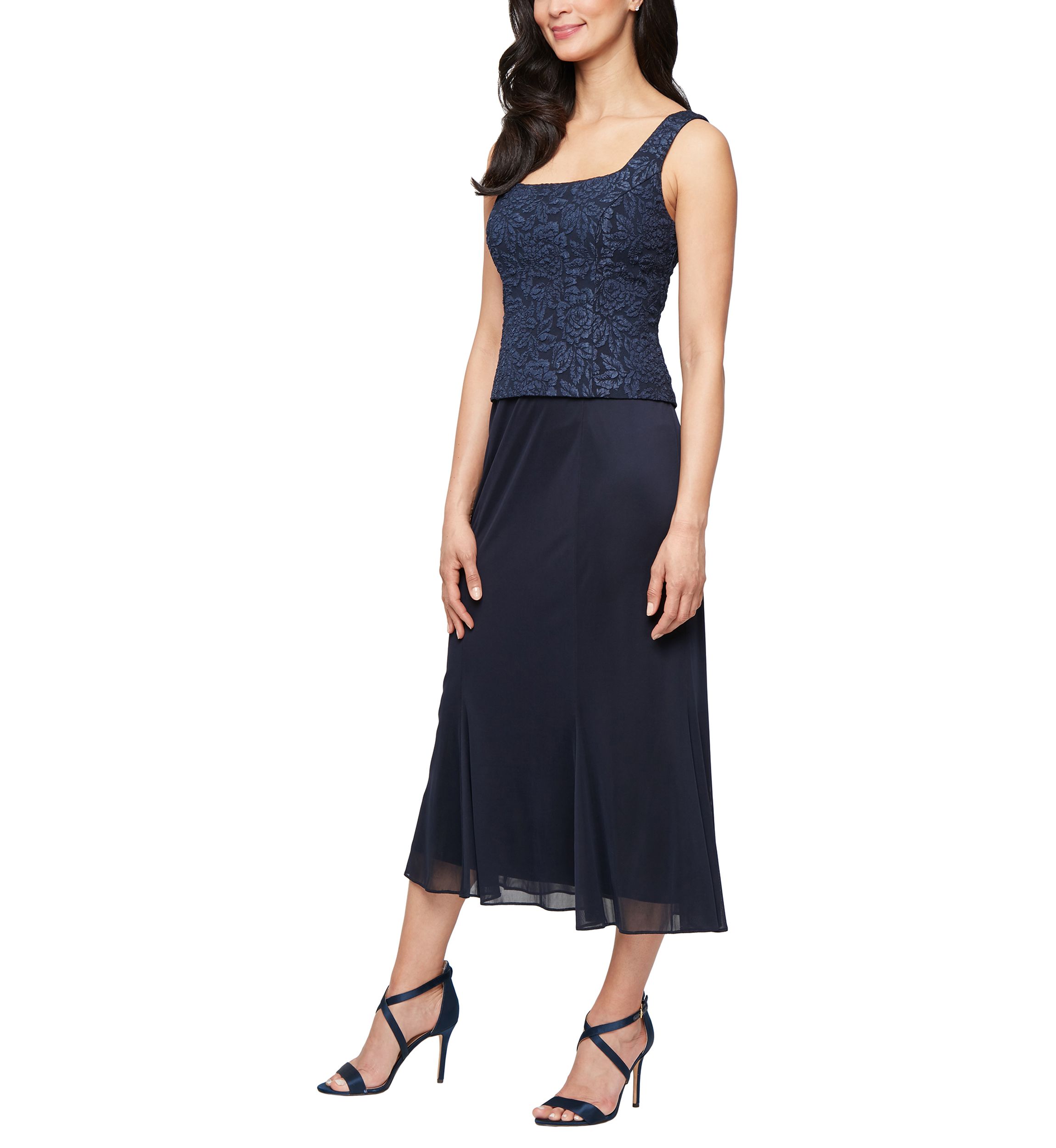 Womens Tea Length Textured Jacquard Mock Jacket Dress