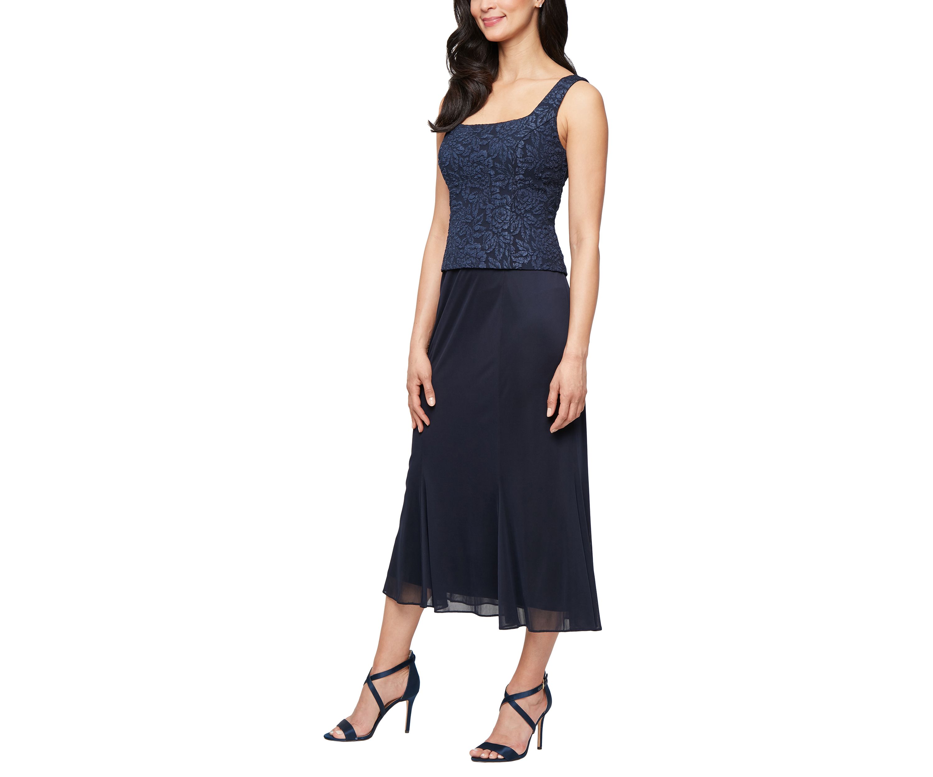 Womens Tea Length Textured Jacquard Mock Jacket Dress