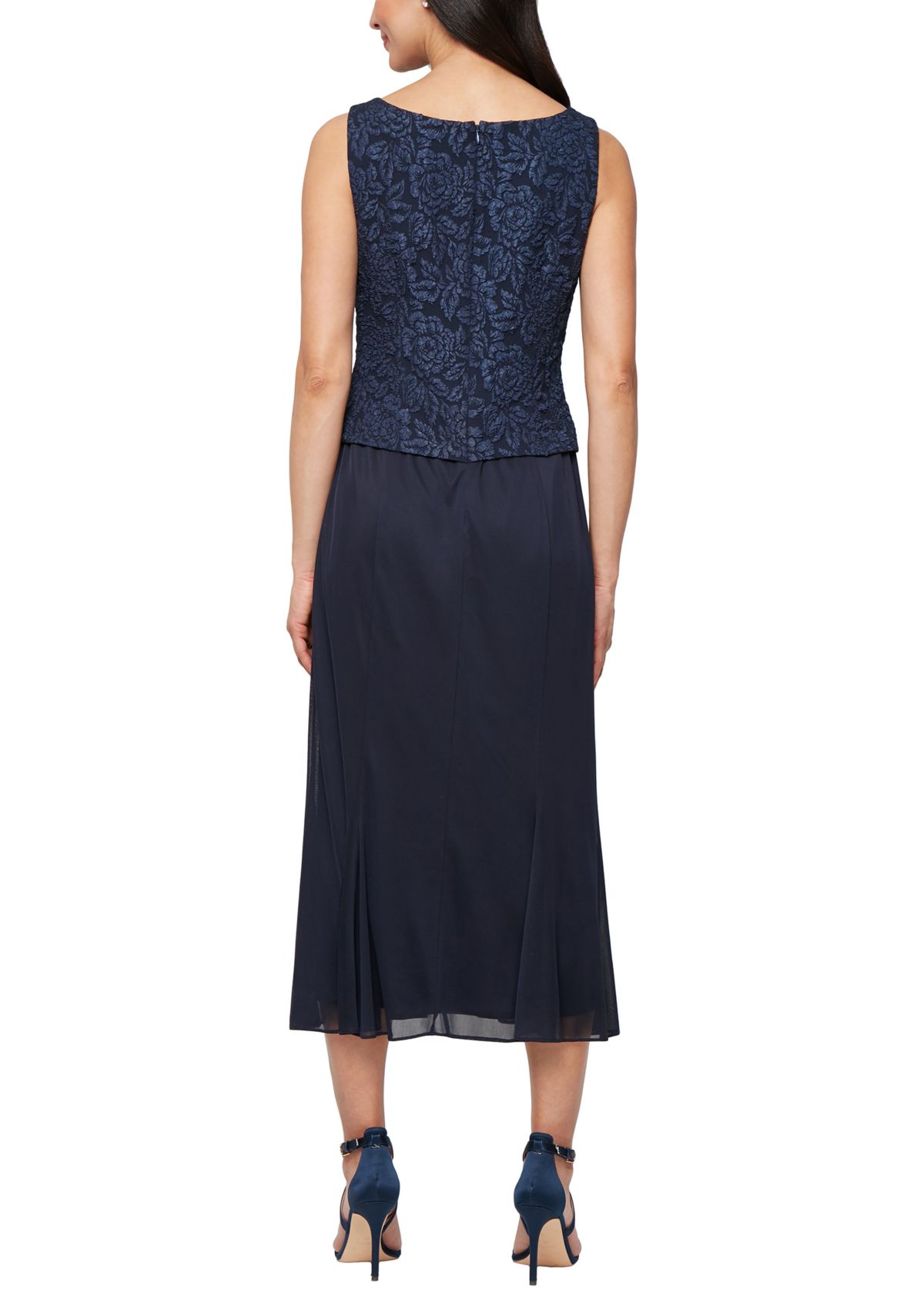 Womens Tea Length Textured Jacquard Mock Jacket Dress