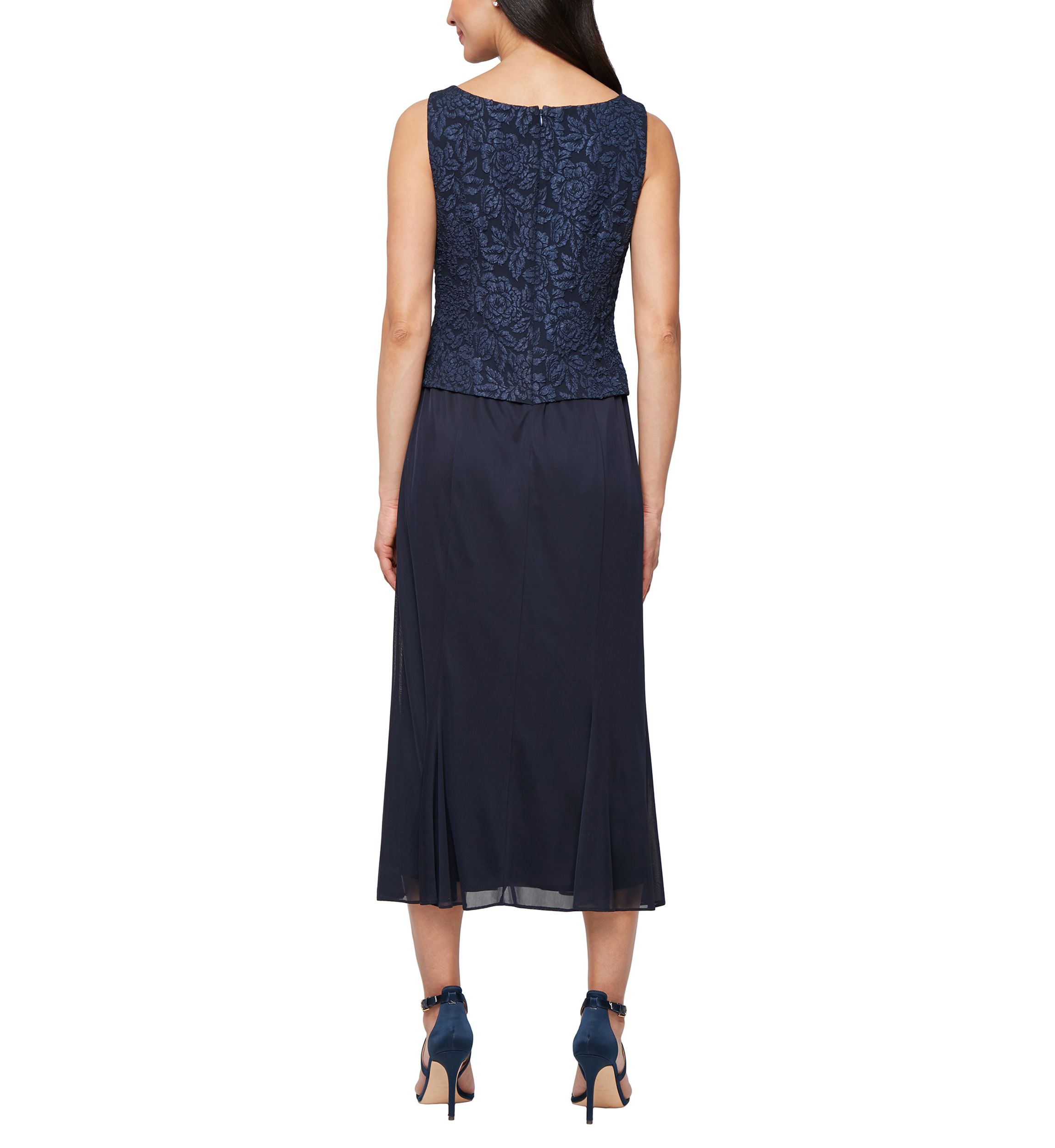 Womens Tea Length Textured Jacquard Mock Jacket Dress