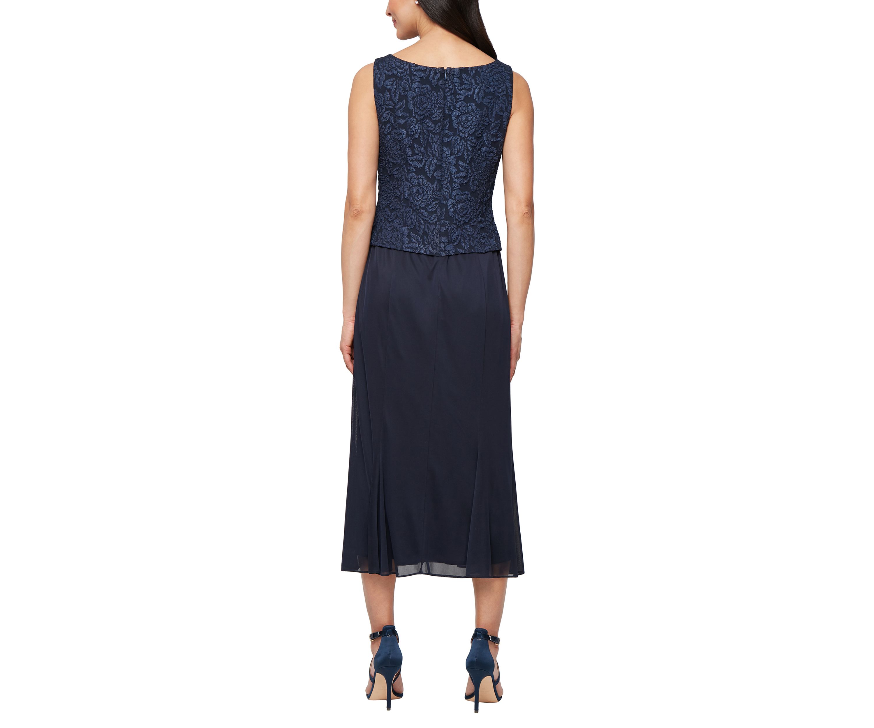 Womens Tea Length Textured Jacquard Mock Jacket Dress