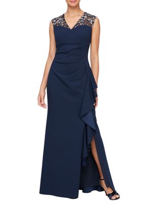 Long V-Neck Dress with Embroidered Illusion Neckline