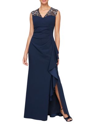 Alex Evenings Long V Neck Dress with Embroidered Illusion Neckline