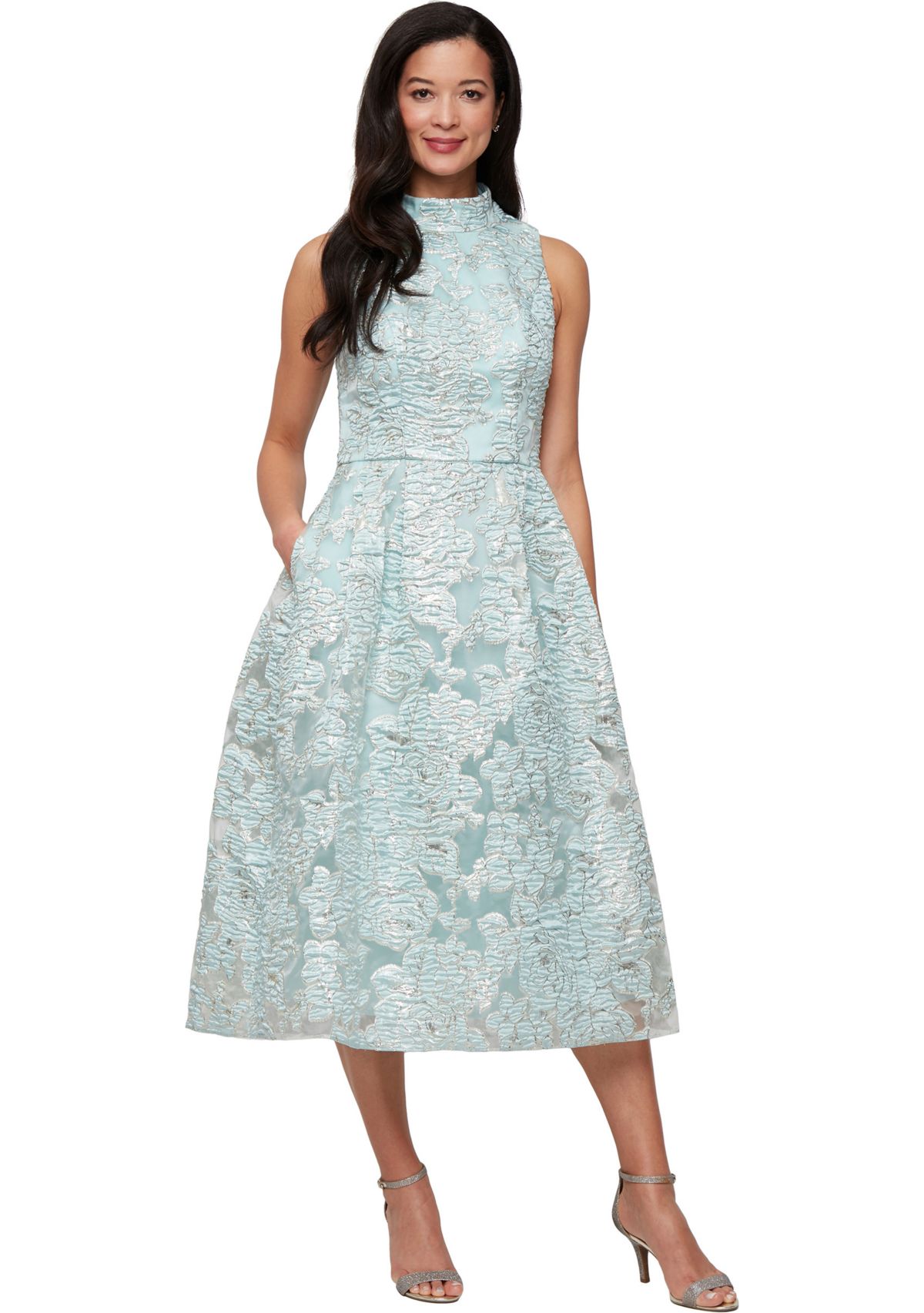 Womens Midi Metallic Jacquard A-Line Dress