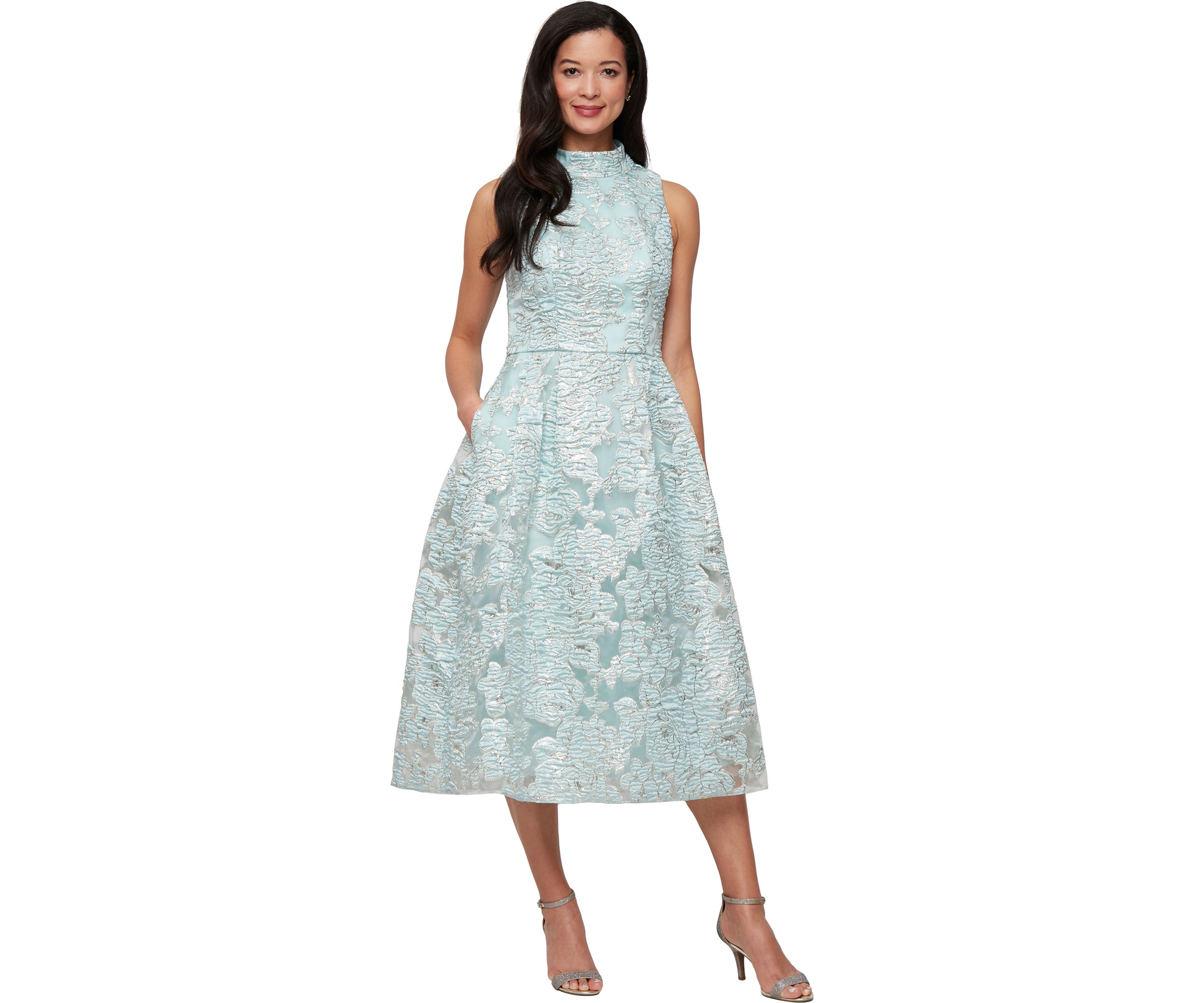 Womens Midi Metallic Jacquard A-Line Dress