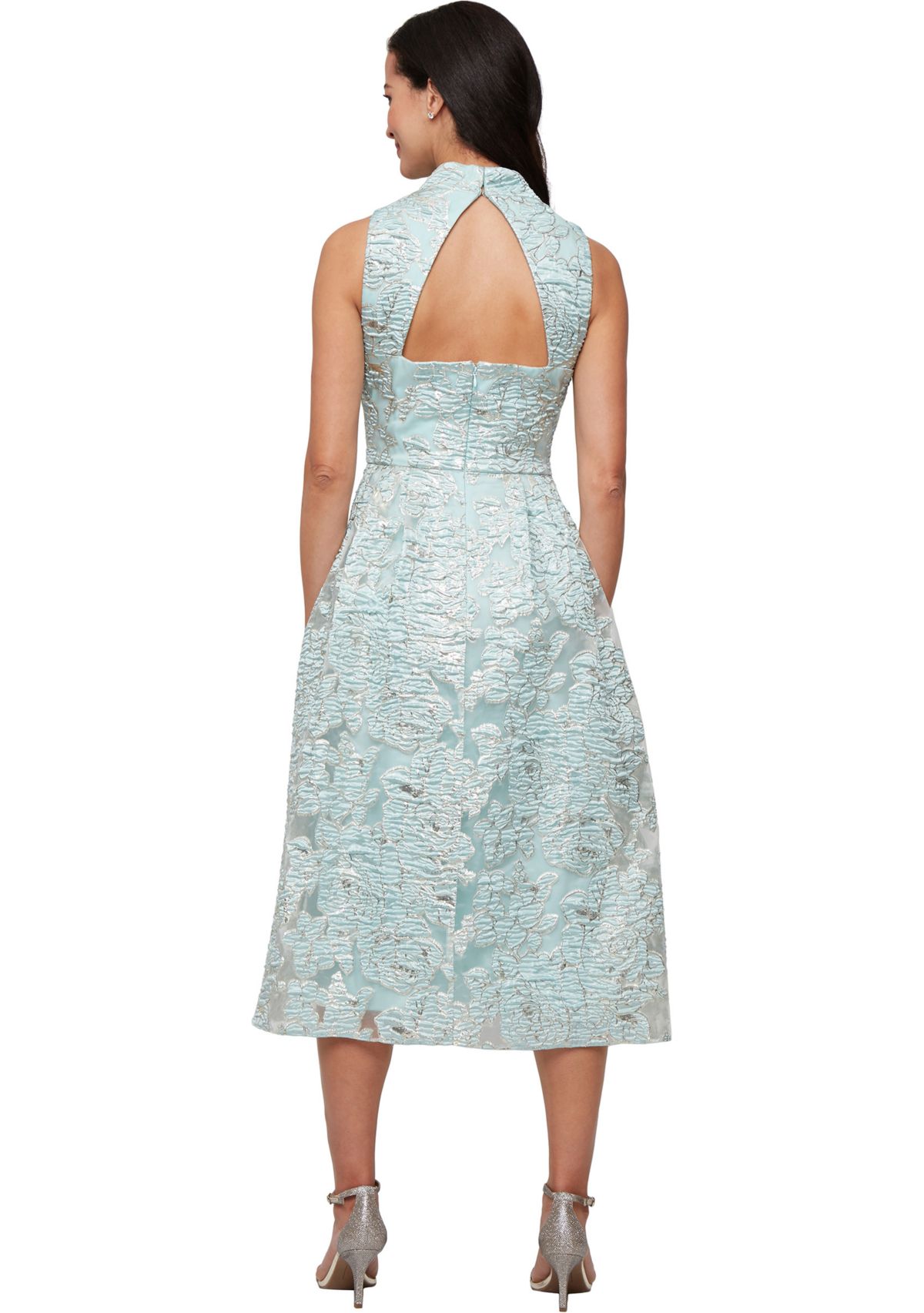 Womens Midi Metallic Jacquard A-Line Dress