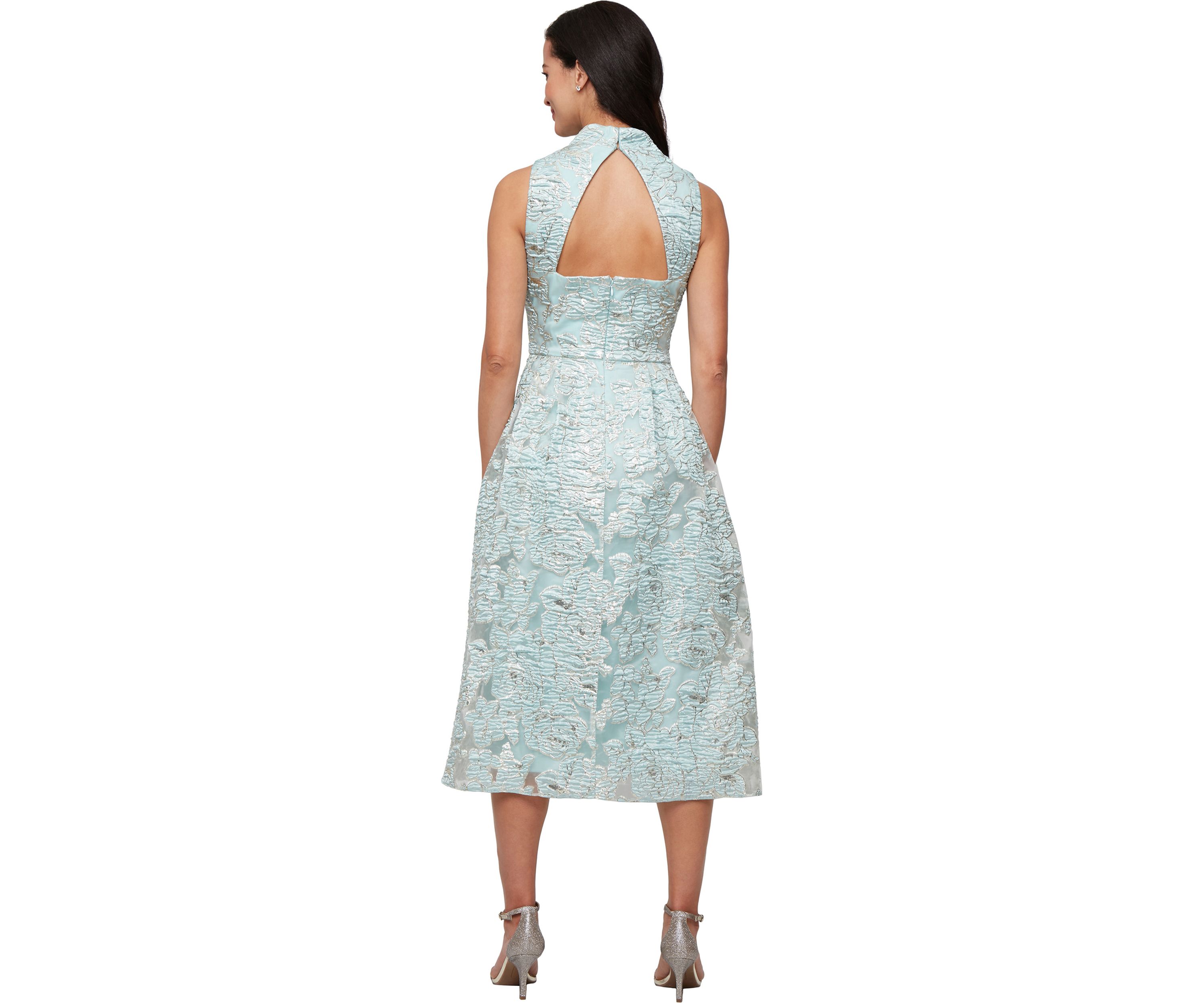 Womens Midi Metallic Jacquard A-Line Dress