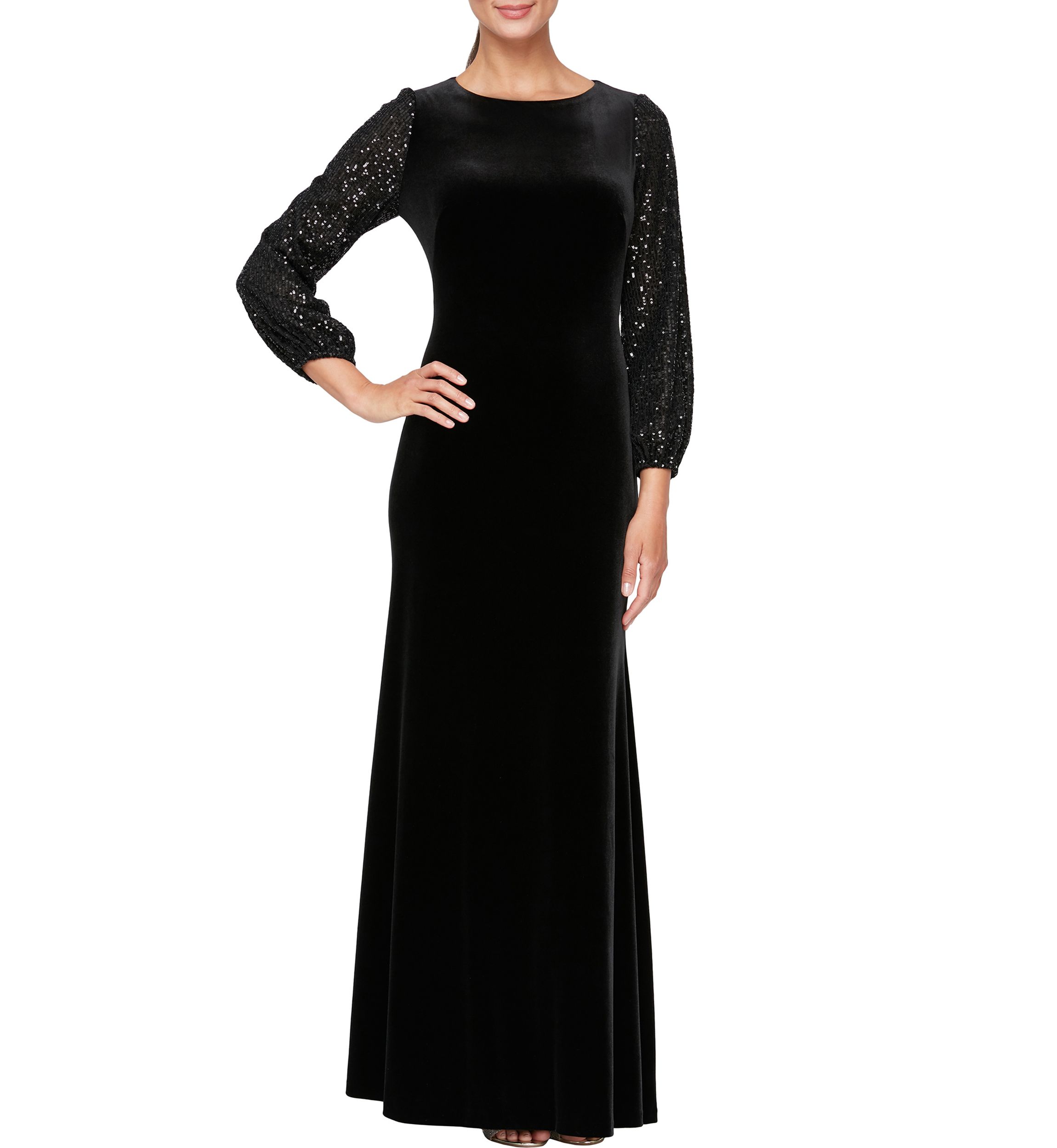 Womens Long Dress with Sequin Bubble Hem Sleeves