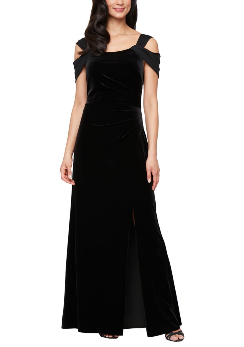 alex dresses Evenings Long Sleeveless Lace Dress with Cascade Ruffle Front Slit Detail Buff / 14 Off the shoulder neckline Special Occasion Dress : Clothing,