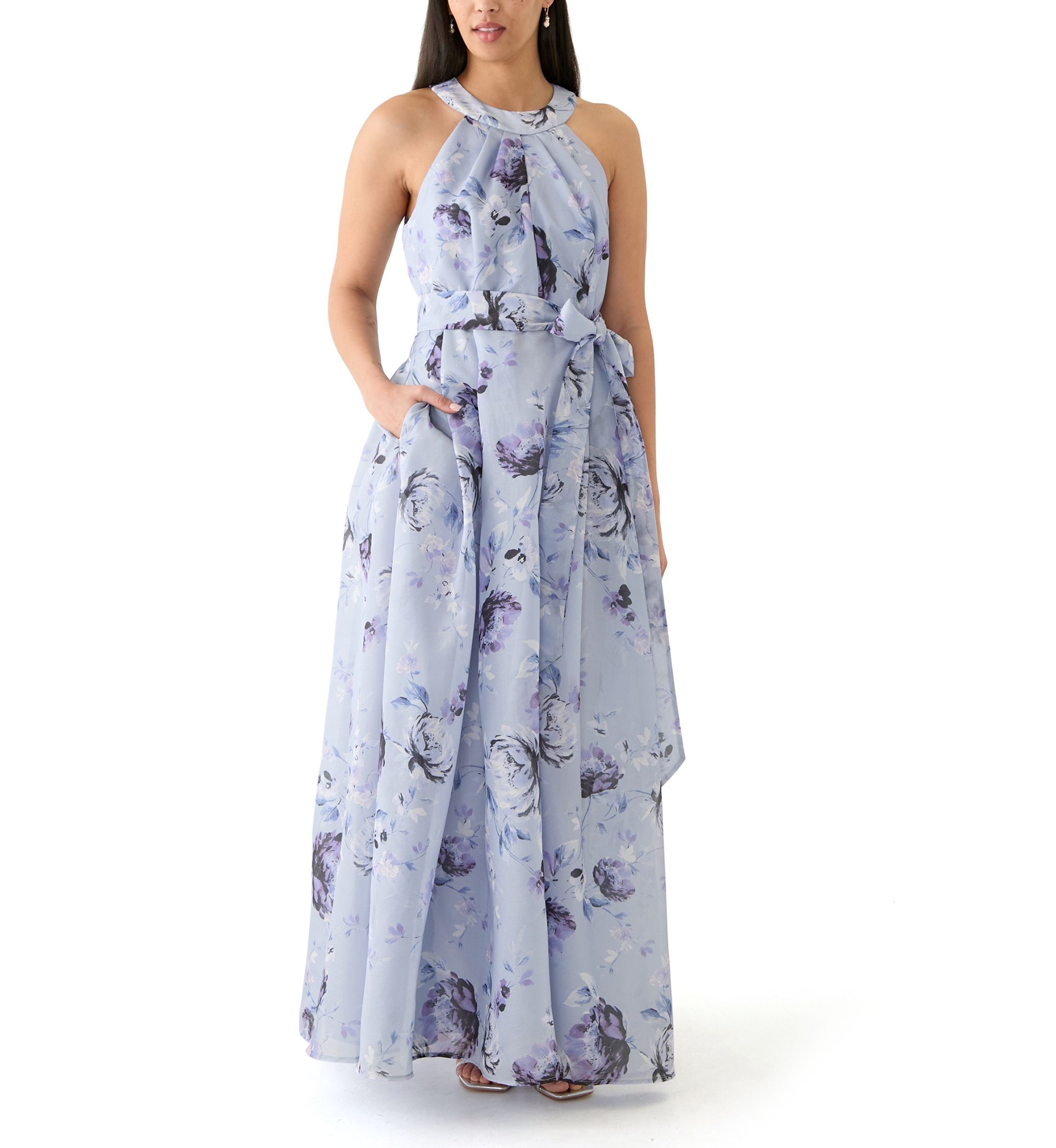 Womens Floral Printed Halter Neck Gown