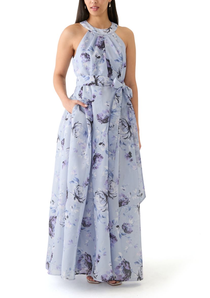 Womens Floral Printed Halter Neck Gown