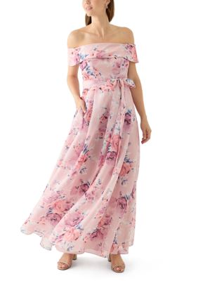 Alex Evenings Women's Off the Shoulder Floral Print Organza Gown