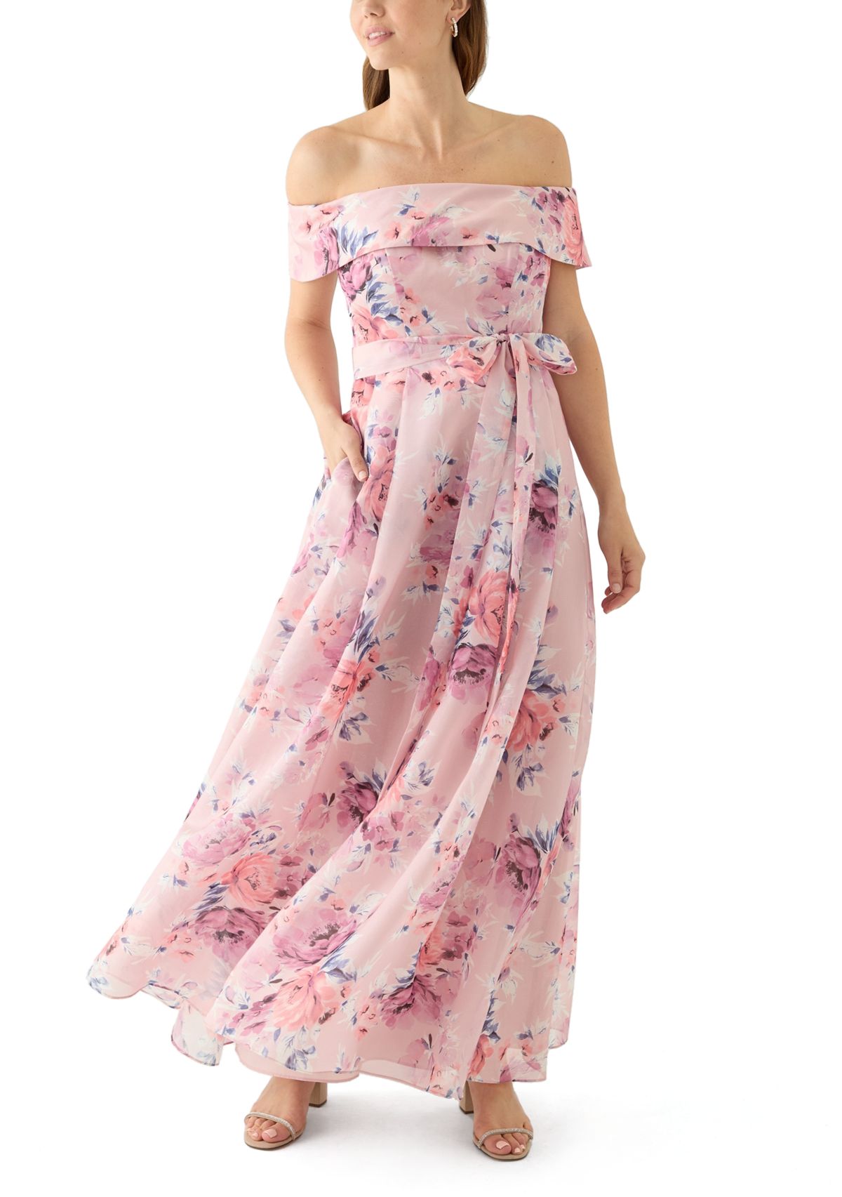 Womens Off the Shoulder Floral Print Organza Gown
