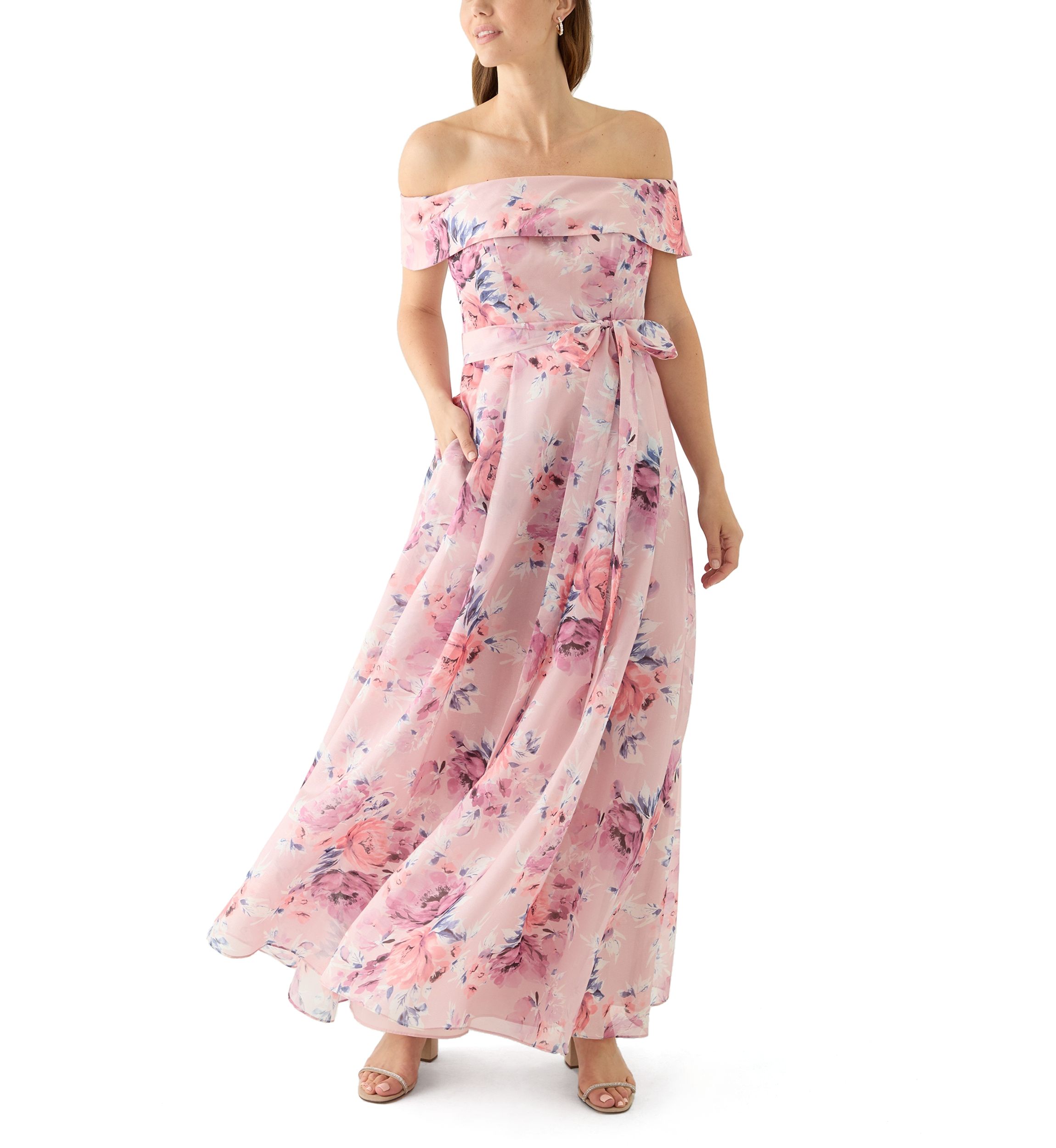 Womens Off the Shoulder Floral Print Organza Gown