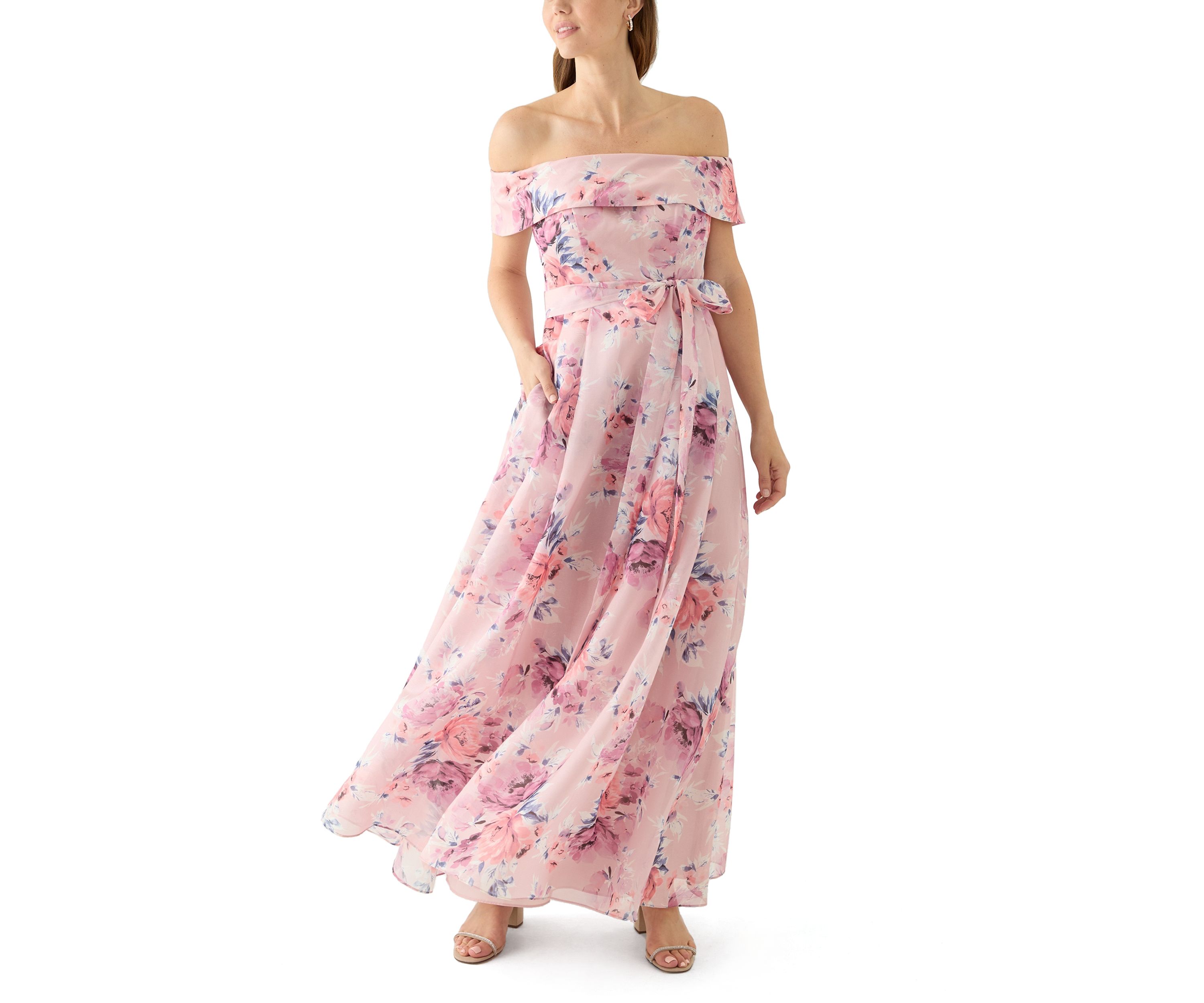 Womens Off the Shoulder Floral Print Organza Gown
