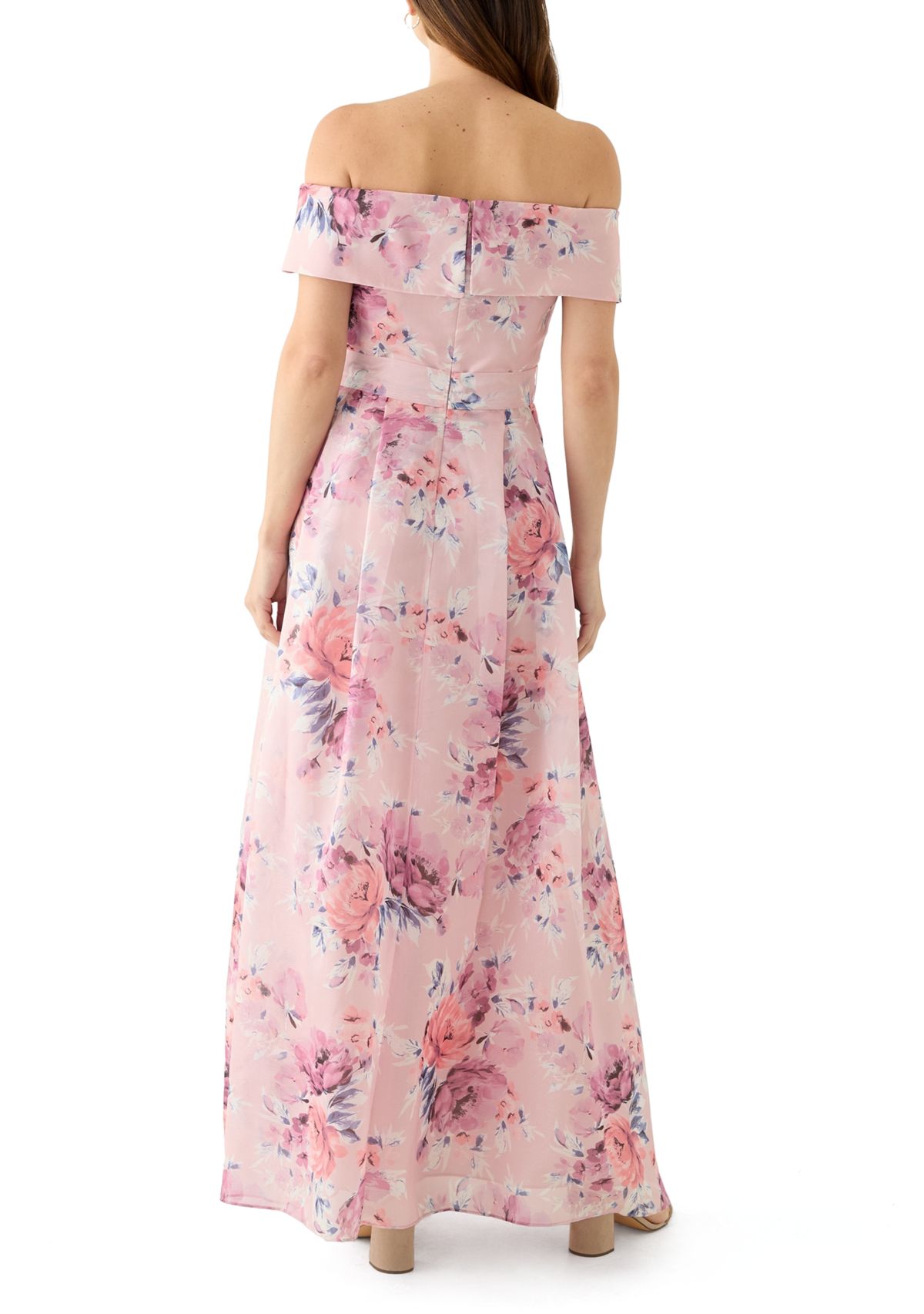 Womens Off the Shoulder Floral Print Organza Gown