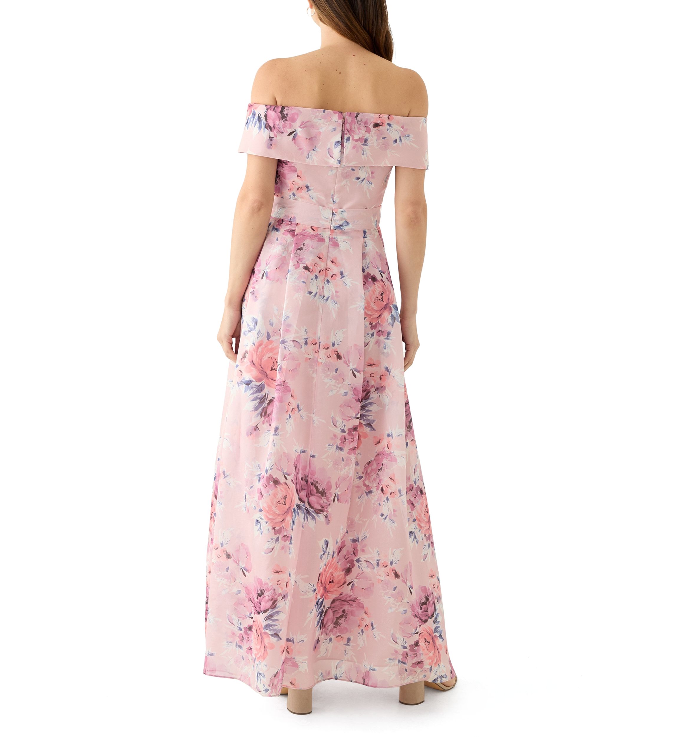 Womens Off the Shoulder Floral Print Organza Gown