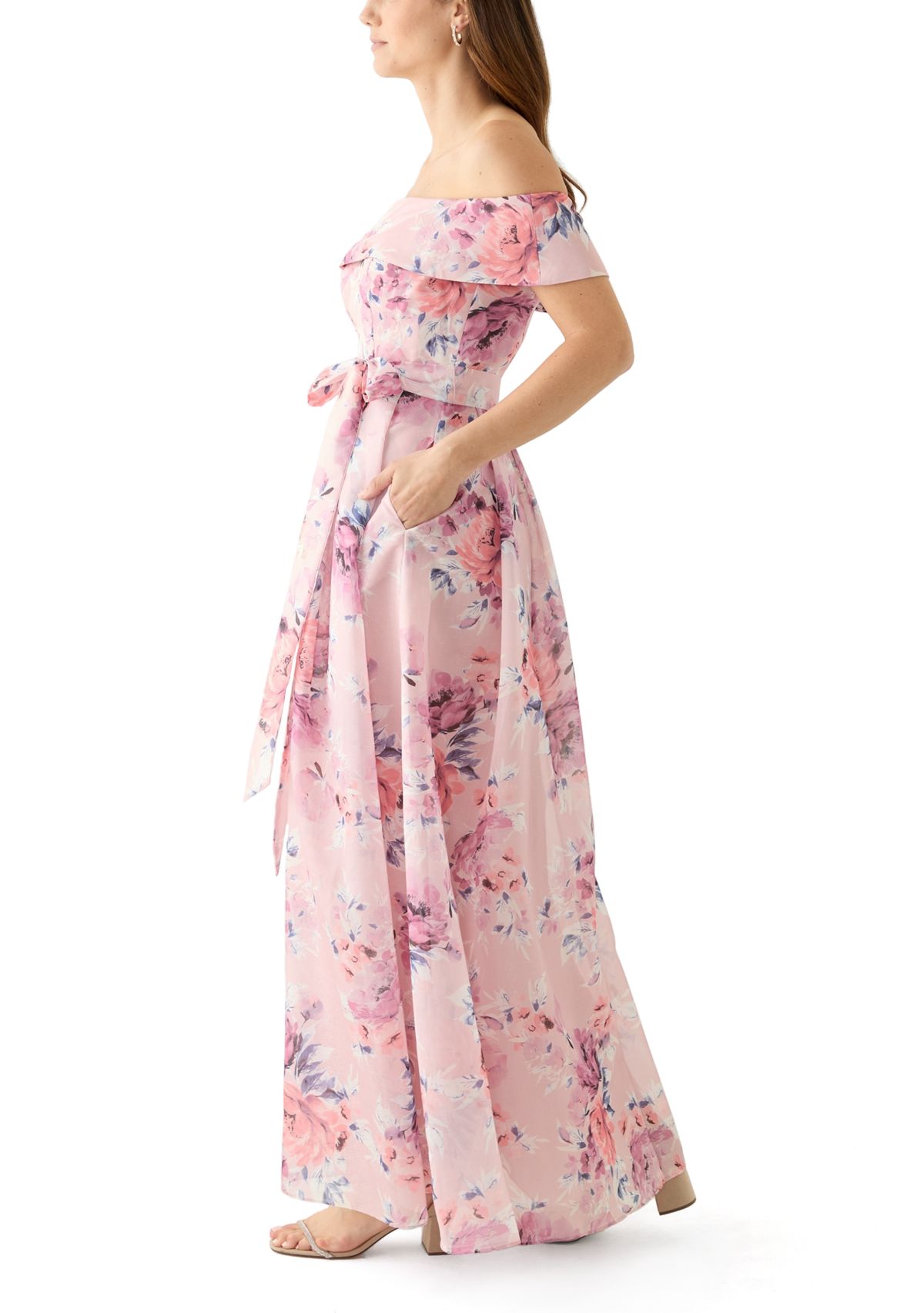 Womens Off the Shoulder Floral Print Organza Gown