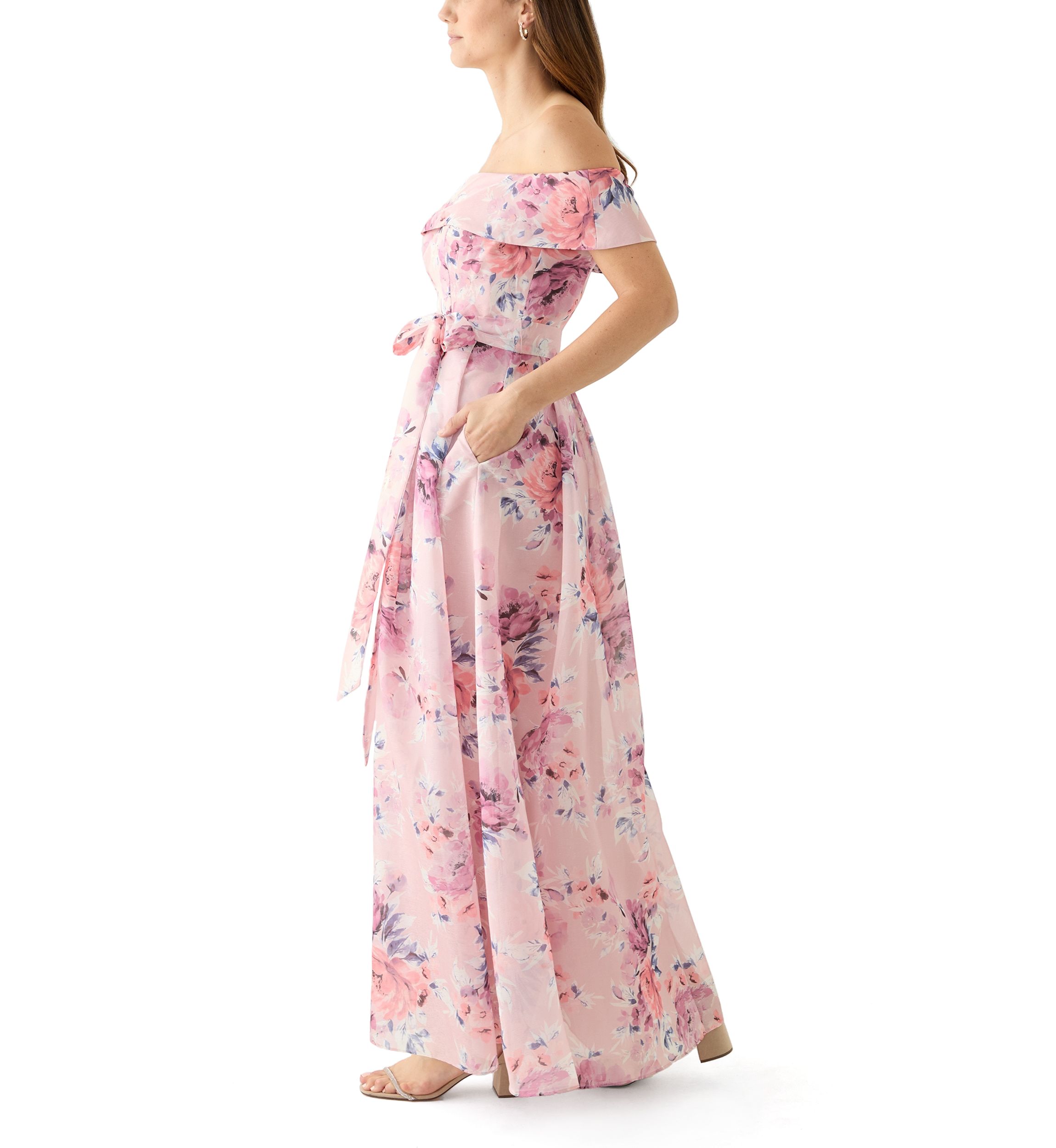 Womens Off the Shoulder Floral Print Organza Gown