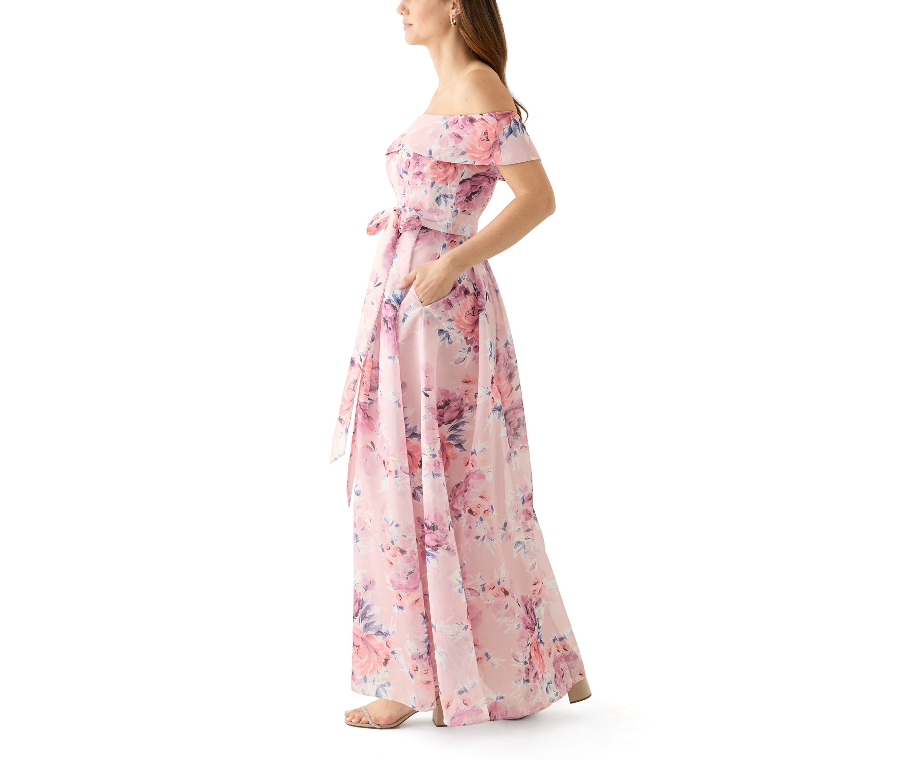 Womens Off the Shoulder Floral Print Organza Gown