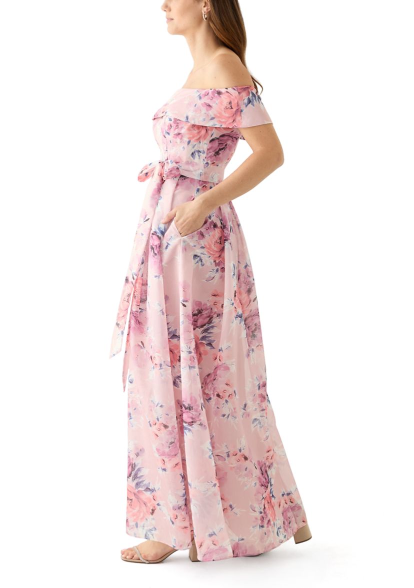 Womens Off the Shoulder Floral Print Organza Gown
