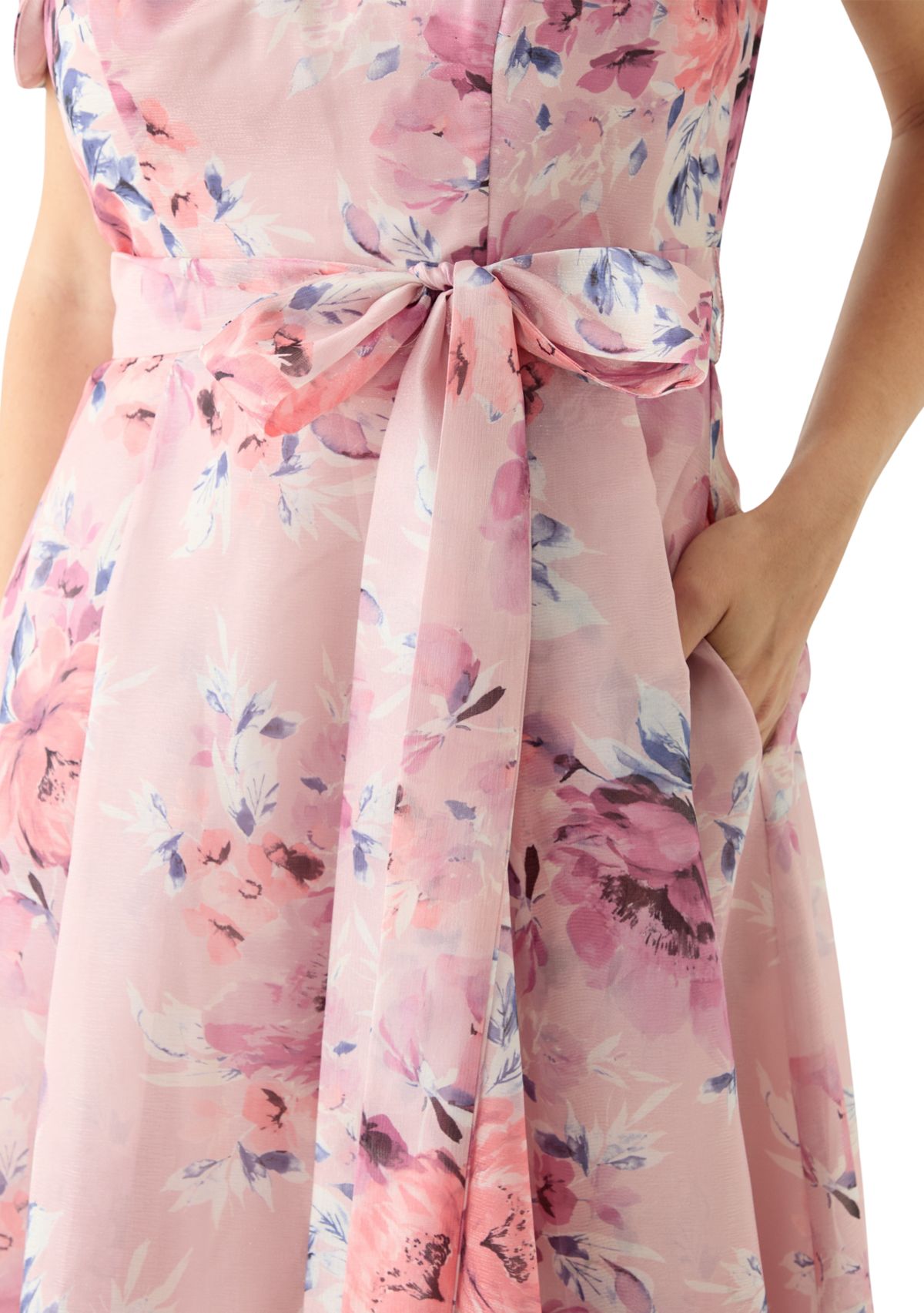 Womens Off the Shoulder Floral Print Organza Gown